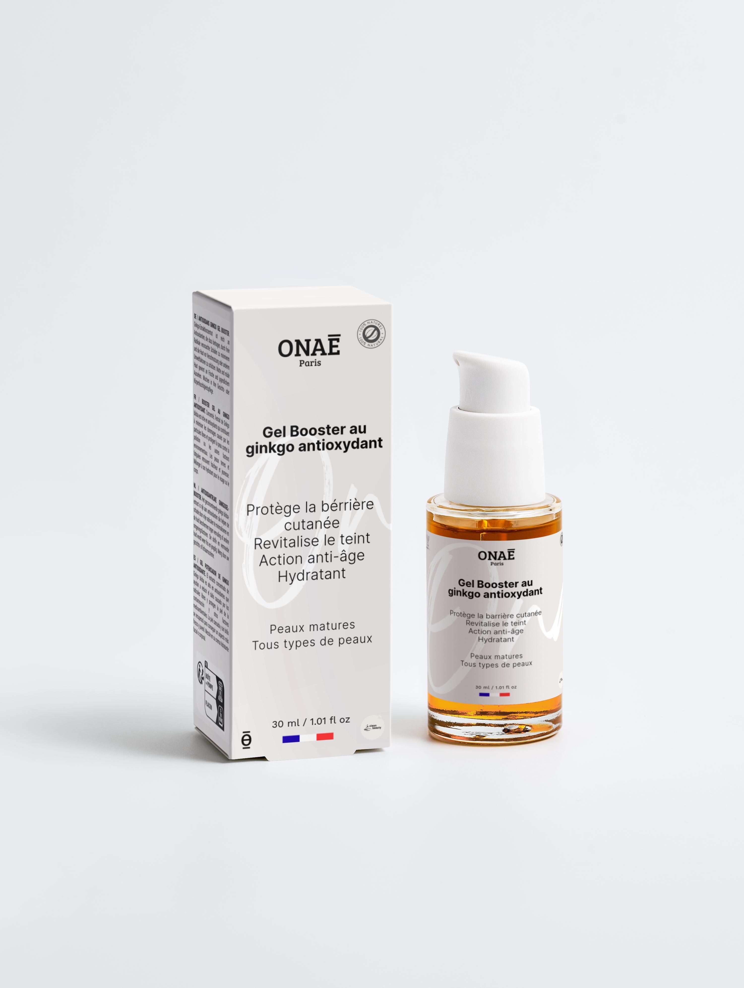 Gel pour le visage booster antioxydant au gingko Onaé paris tous types de peaux - boîte et flacon vue de face