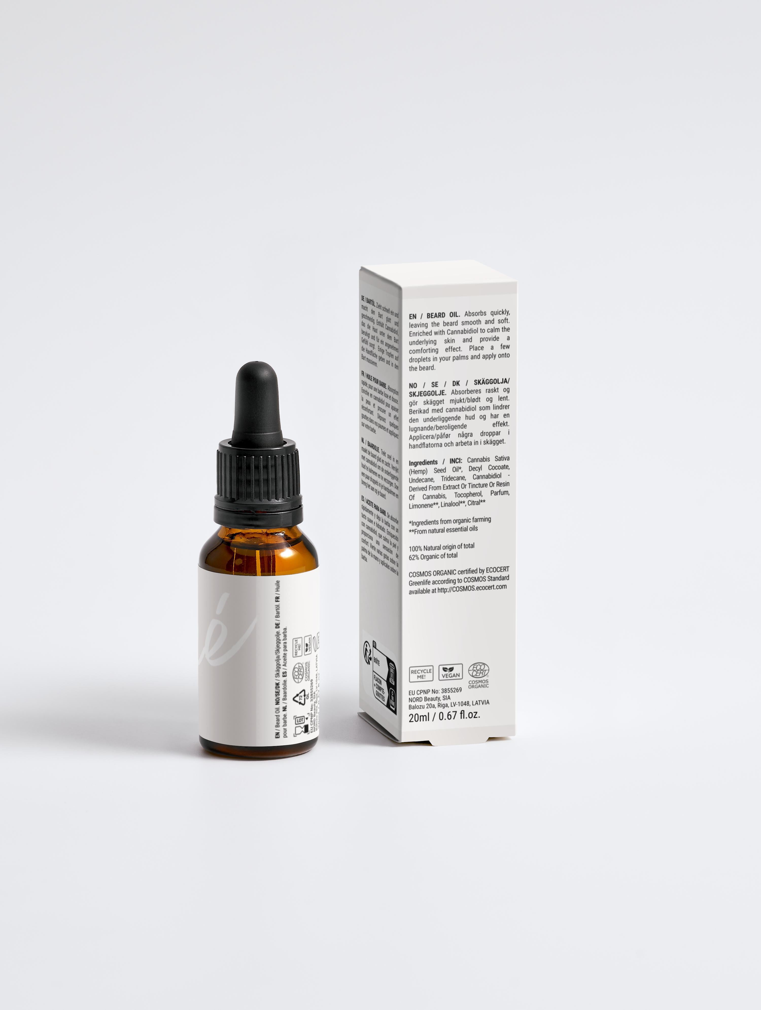Huile à barbe adoucissante pour Hommes Onaé paris tous types de peaux - boîte et flacon vue de dos