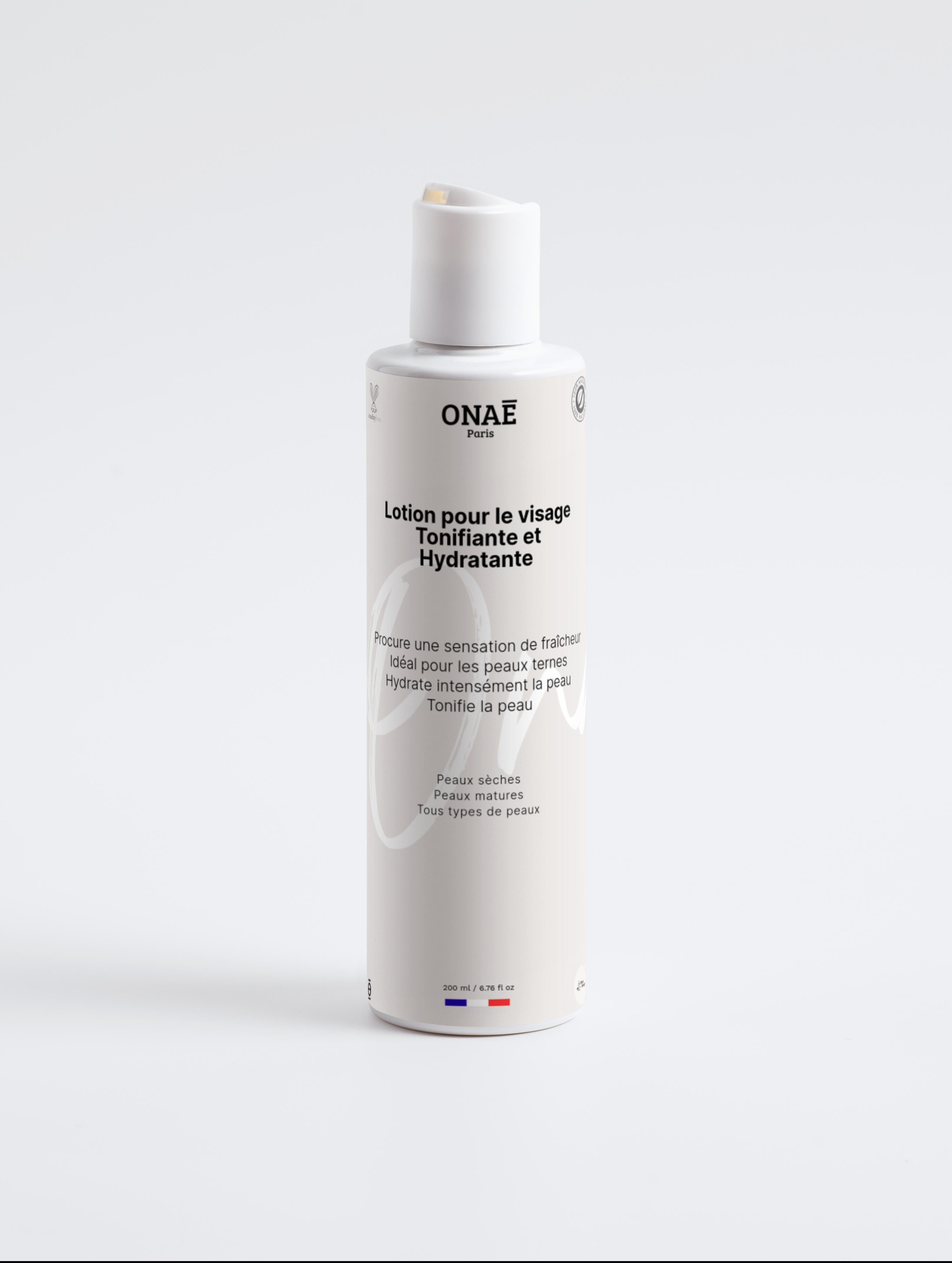 Lotion pour le visage hydratante et tonifiante Onaé paris tous types de peaux - flacon vue de face