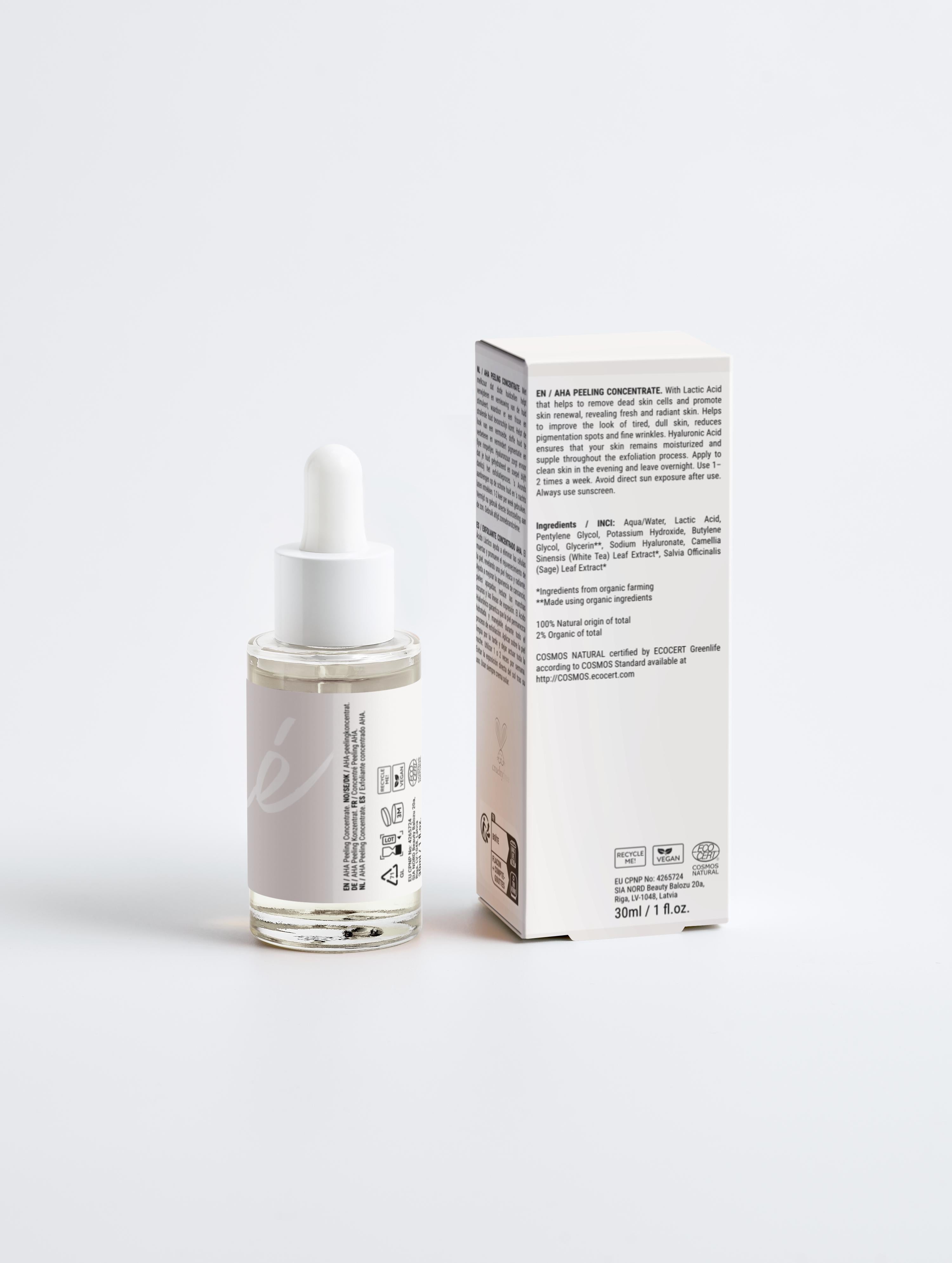 Peeling pour le visage concentré en AHA Onaé paris tous types de peaux - boîte et flacon vue de dos