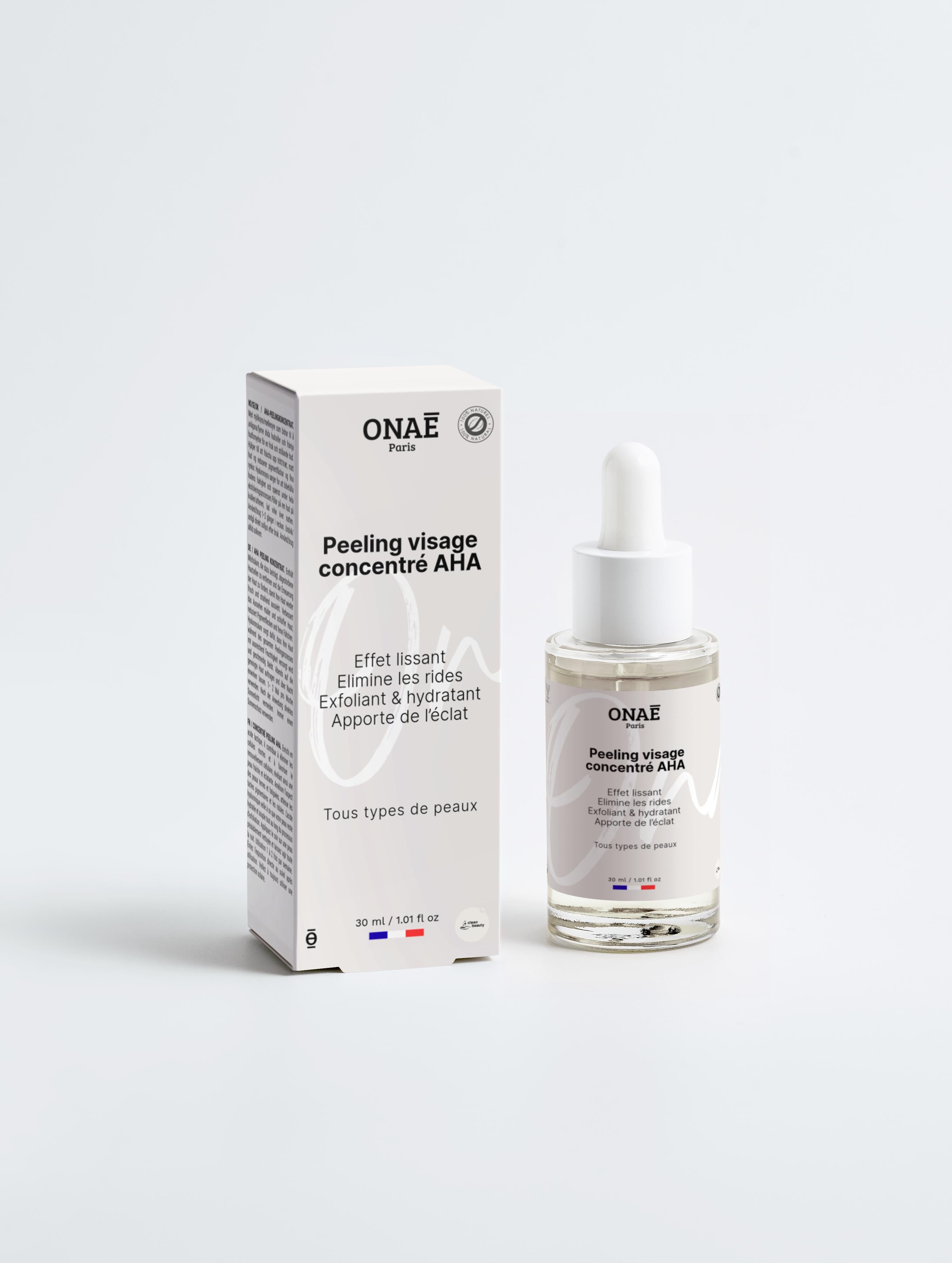 Peeling pour le visage concentré en AHA Onaé paris tous types de peaux - boîte et flacon vue de face