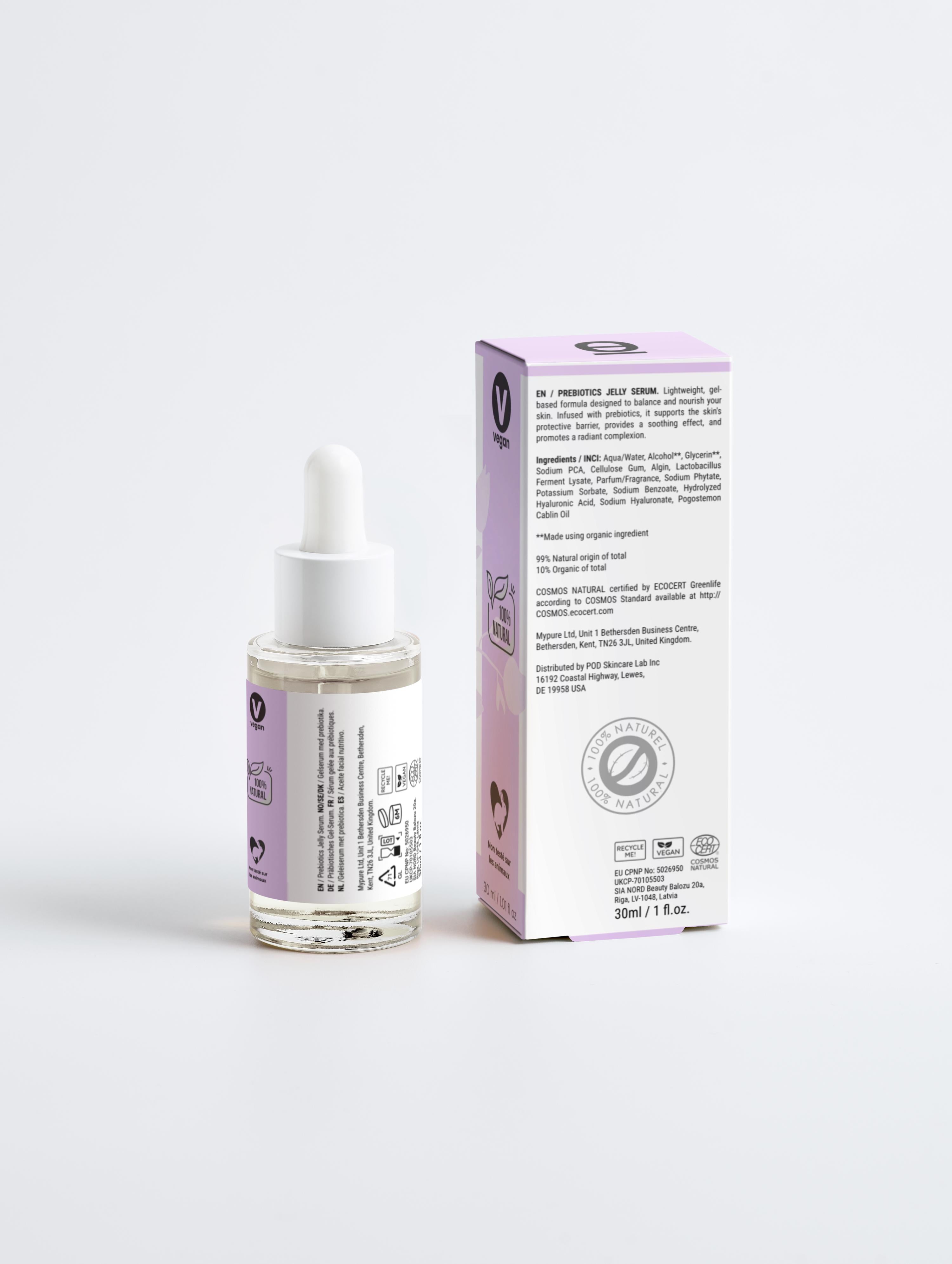 Sérum pour le visage à la gelée bioactive et aux prébiotiques Onaé Paris - flacon et boîte vue de dos