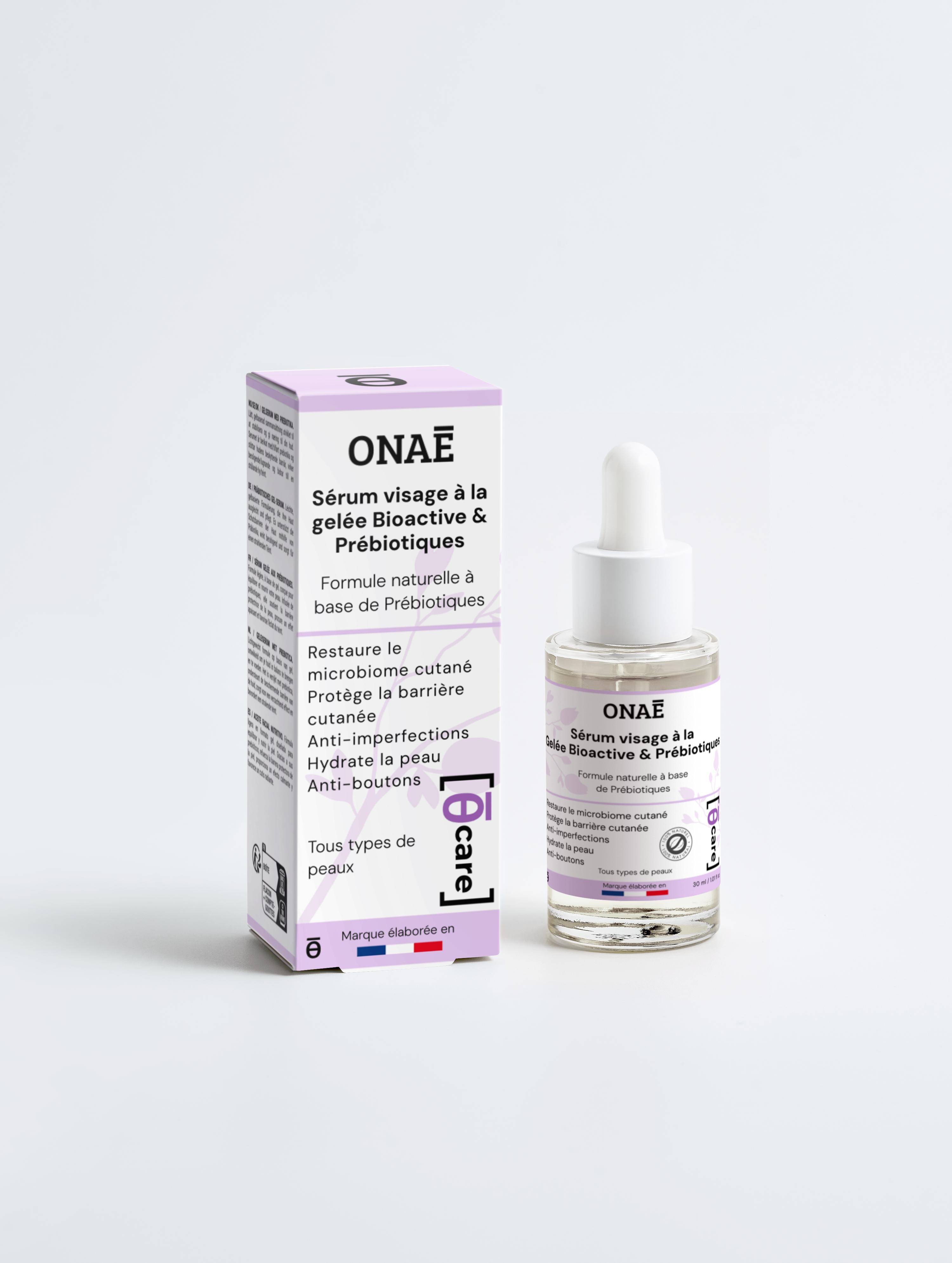Sérum pour le visage à la gelée bioactive et aux prébiotiques Onaé Paris - flacon et boîte vue de face