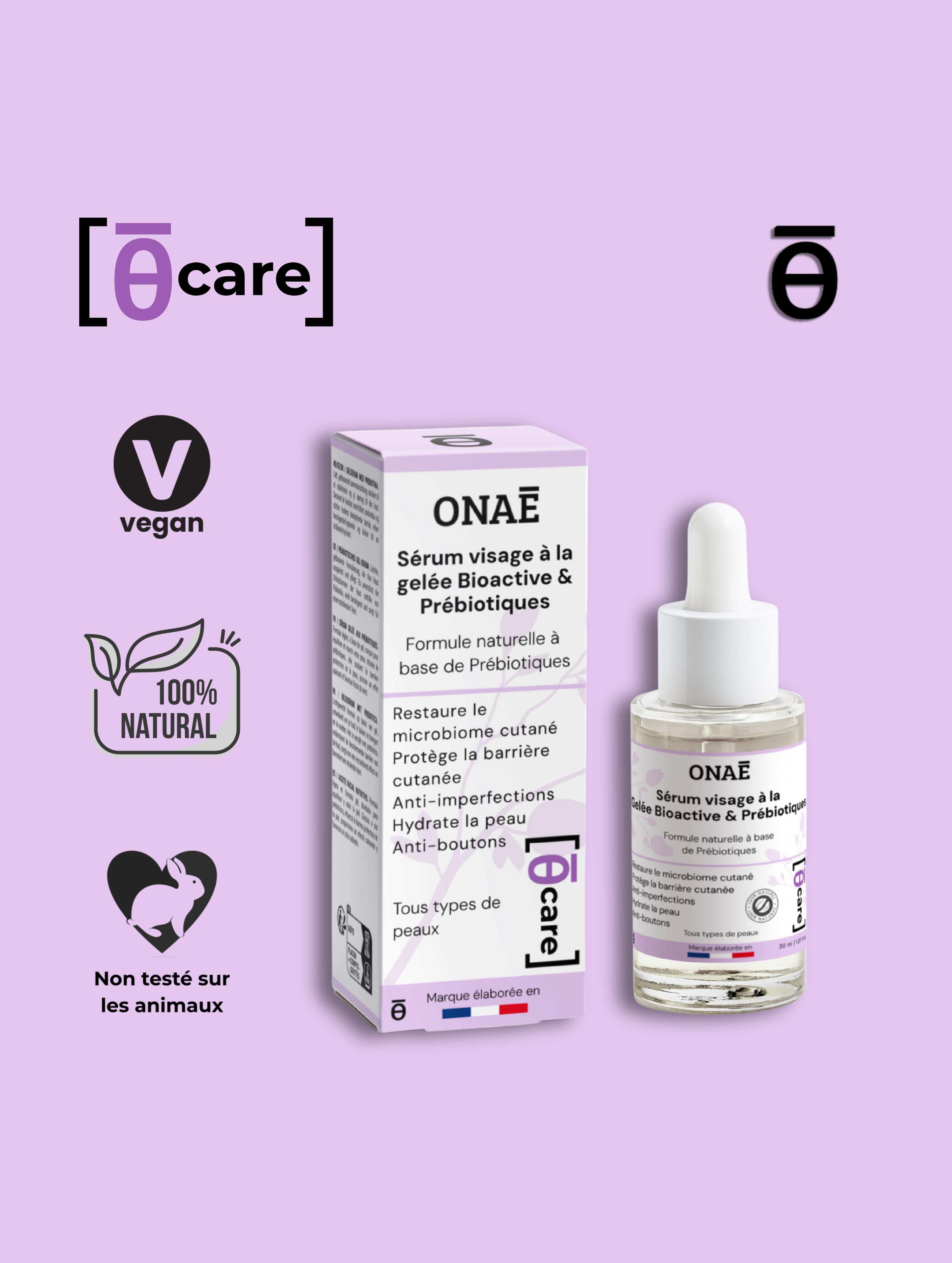 Sérum pour le visage à la gelée bioactive et aux prébiotiques Onaé Paris - flacon et boîte vue principale
