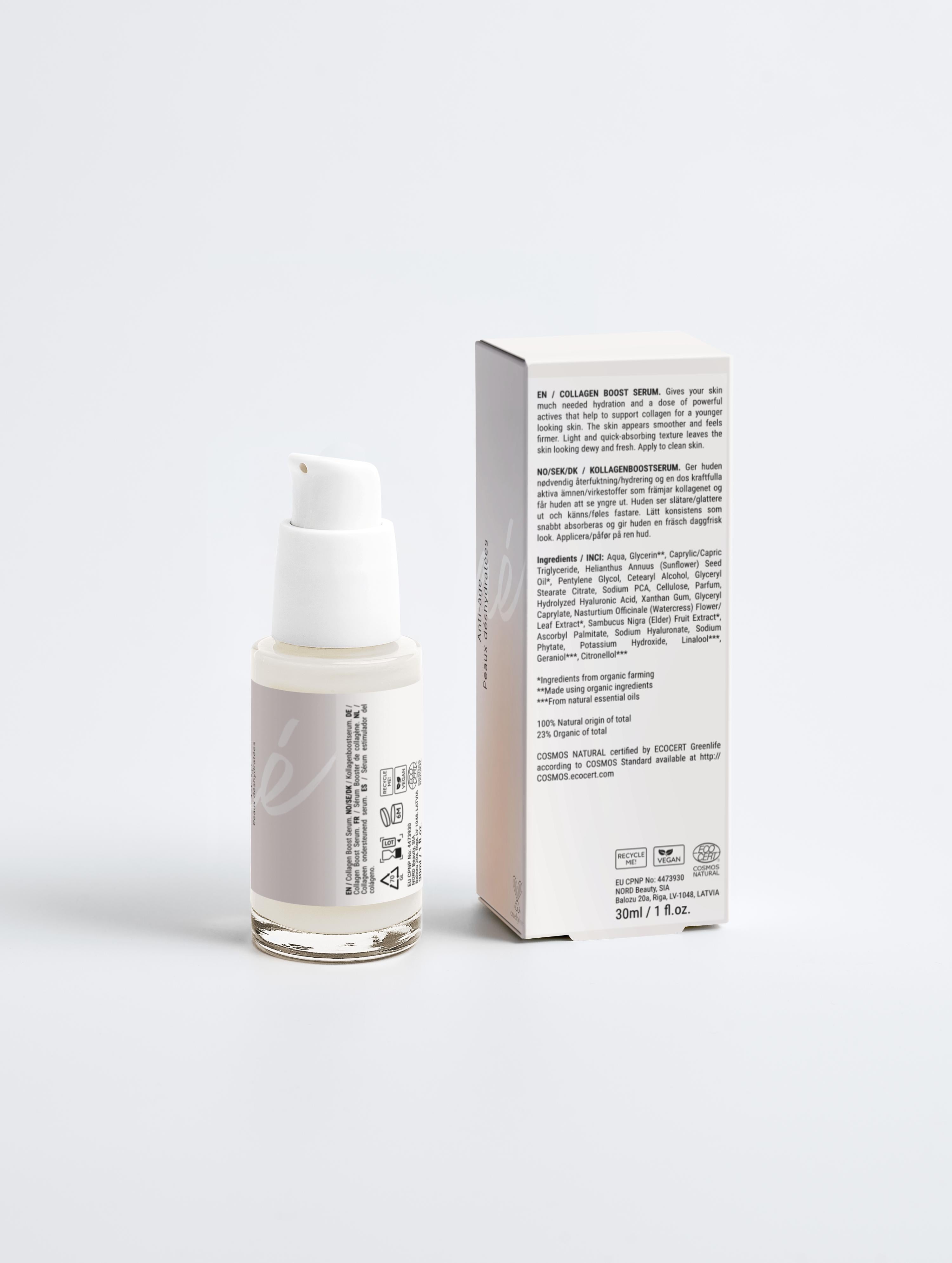 Sérum pour le visage Collagène Boost hydratant et anti-âge Onaé paris tous types de peaux - boîte et flacon vue de dos