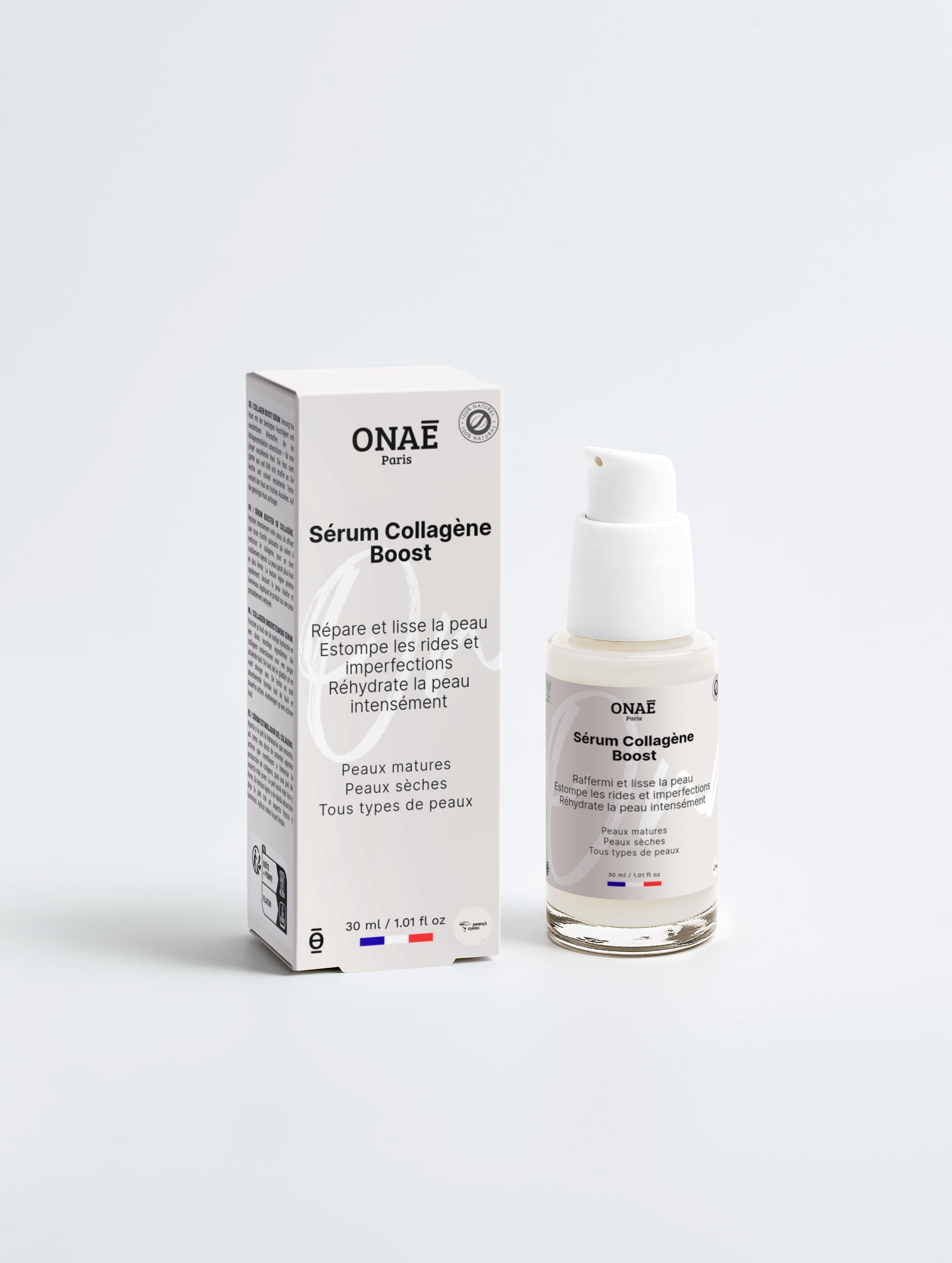 Sérum pour le visage Collagène Boost hydratant et anti-âge Onaé paris tous types de peaux - boîte et flacon vue de face