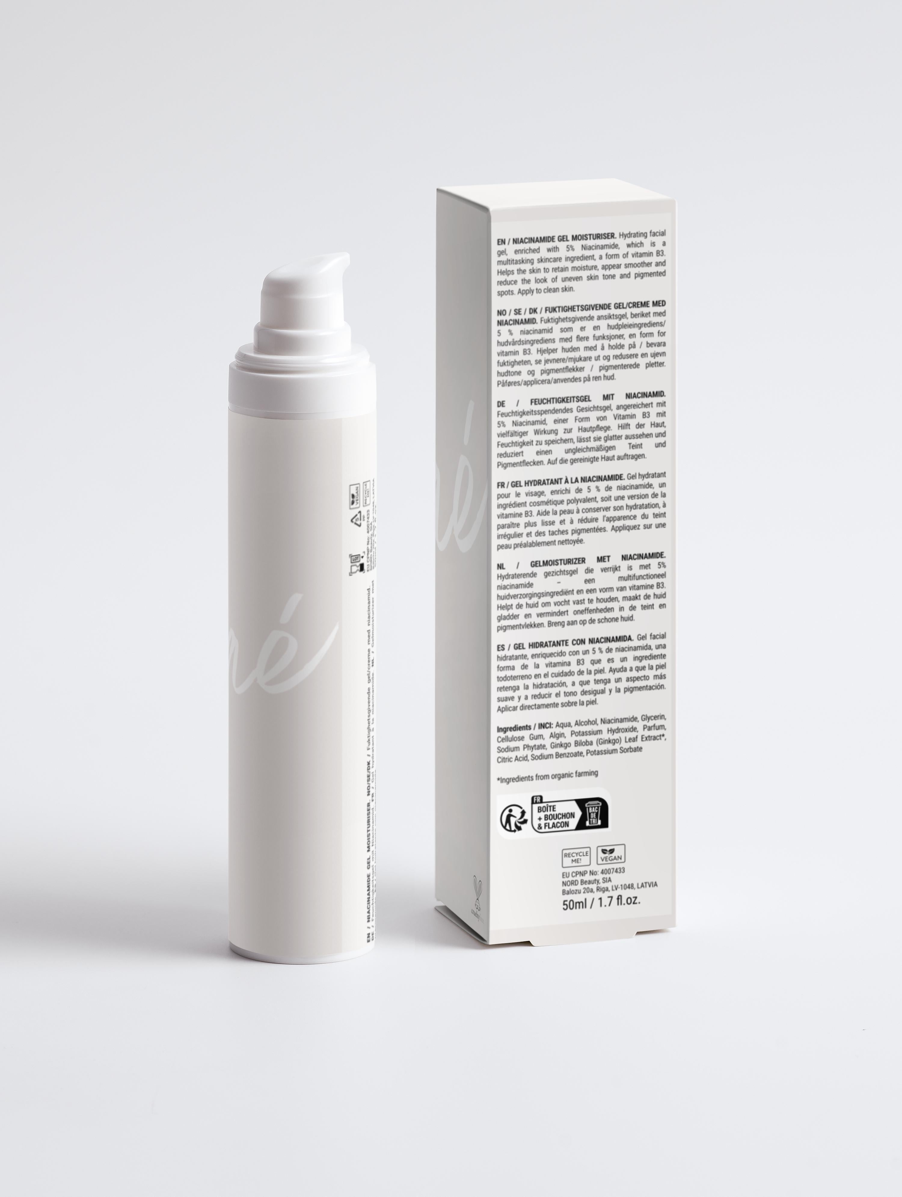 Sérum pour le visage correcteur et hydratant à la Niacinamide Onaé paris tous types de peaux - boîte et flacon vue de dos