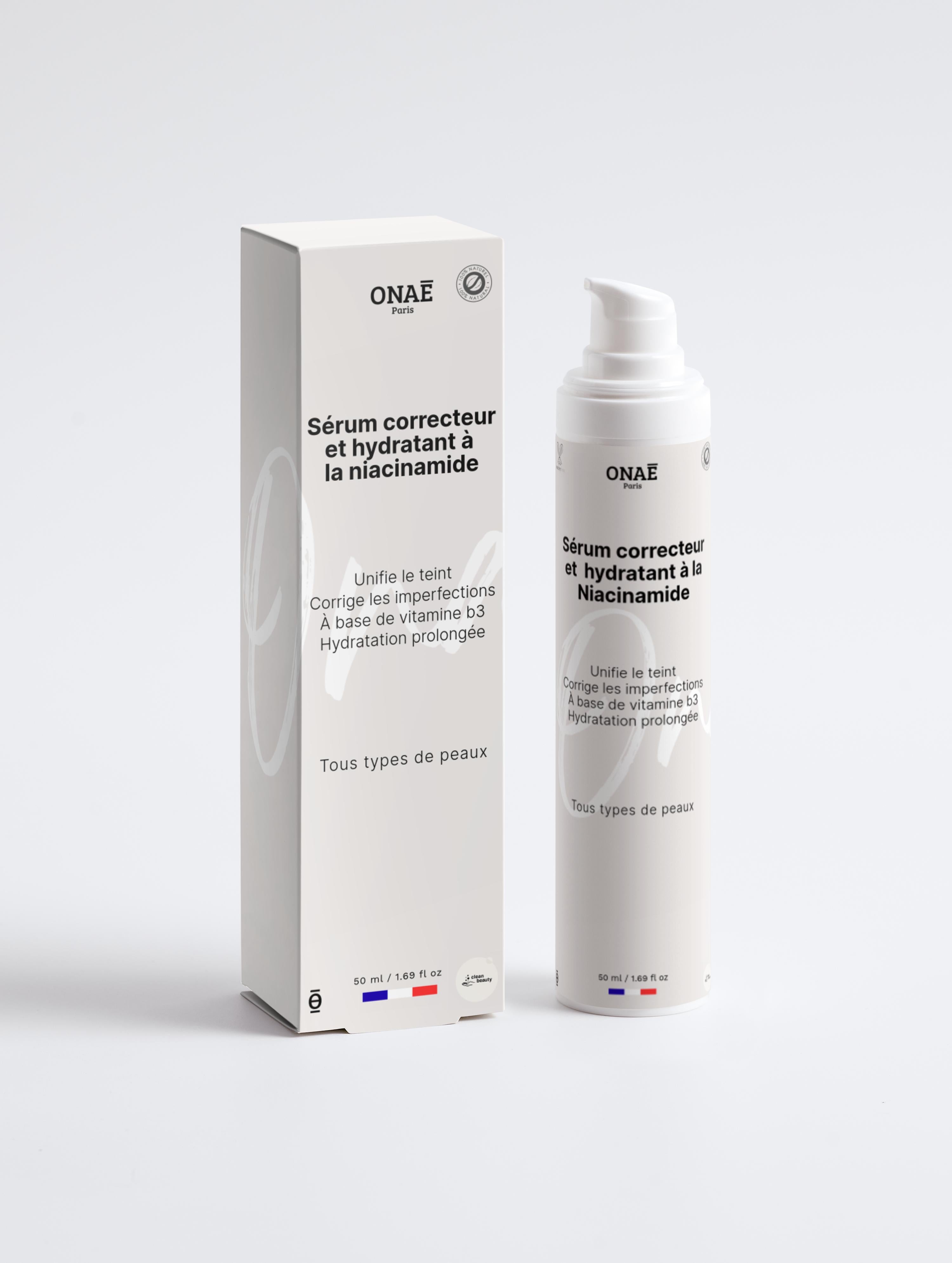 Sérum pour le visage correcteur et hydratant à la Niacinamide Onaé paris tous types de peaux - boîte et flacon vue de face