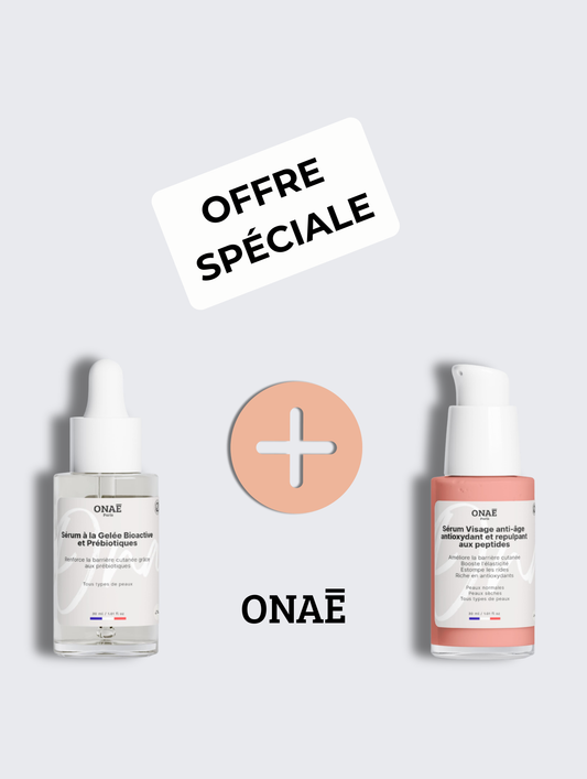 Sérum visage à la gelée bioactive et prébiotiques et Sérum visage anti-âge aux peptides Onaé paris tous types de peaux - vue principale 
