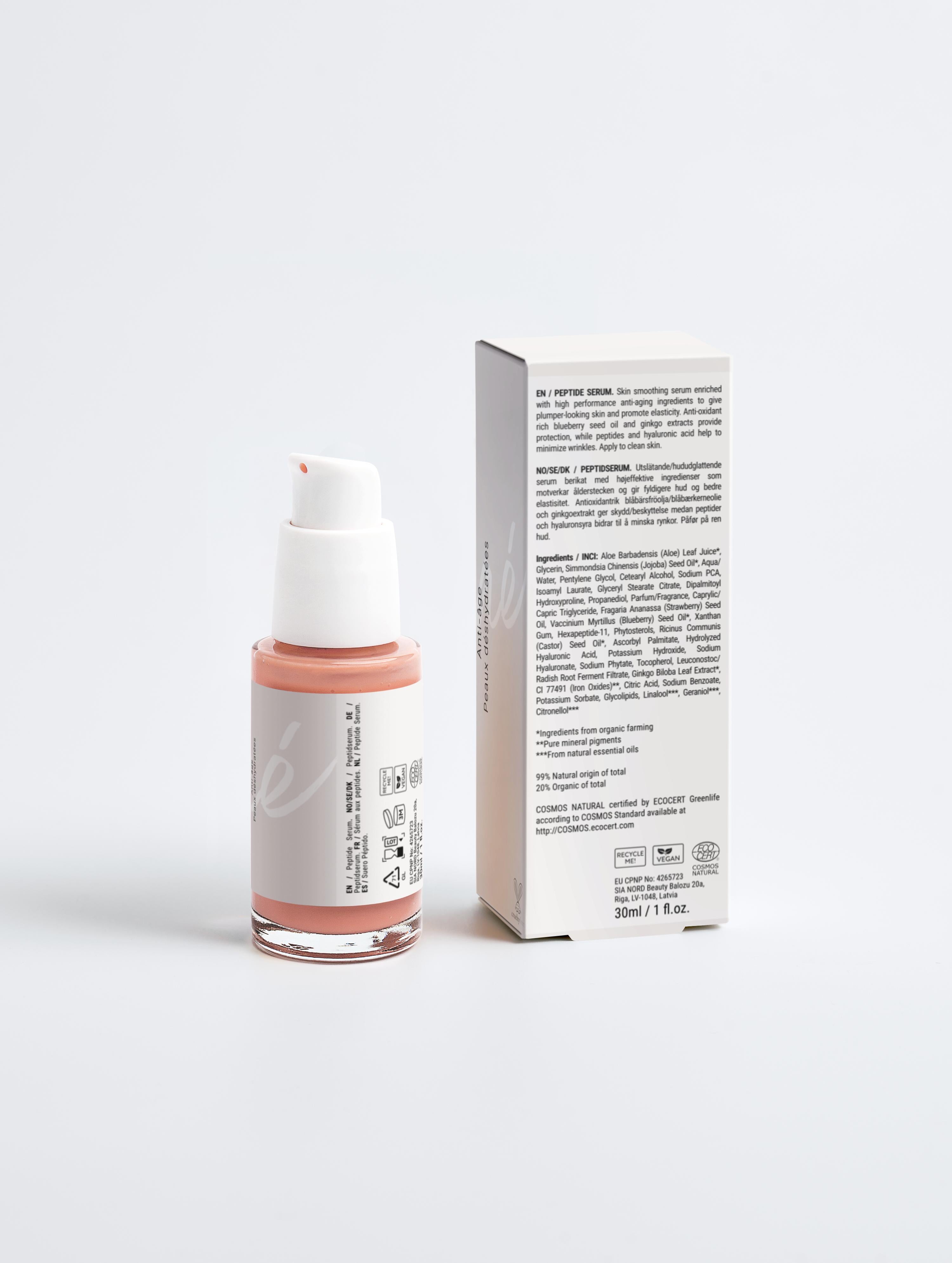 Sérum pour le visage anti-âge antioxydant et repulpant aux peptides Onaé paris tous types de peaux - boîte et flacon vue de dos