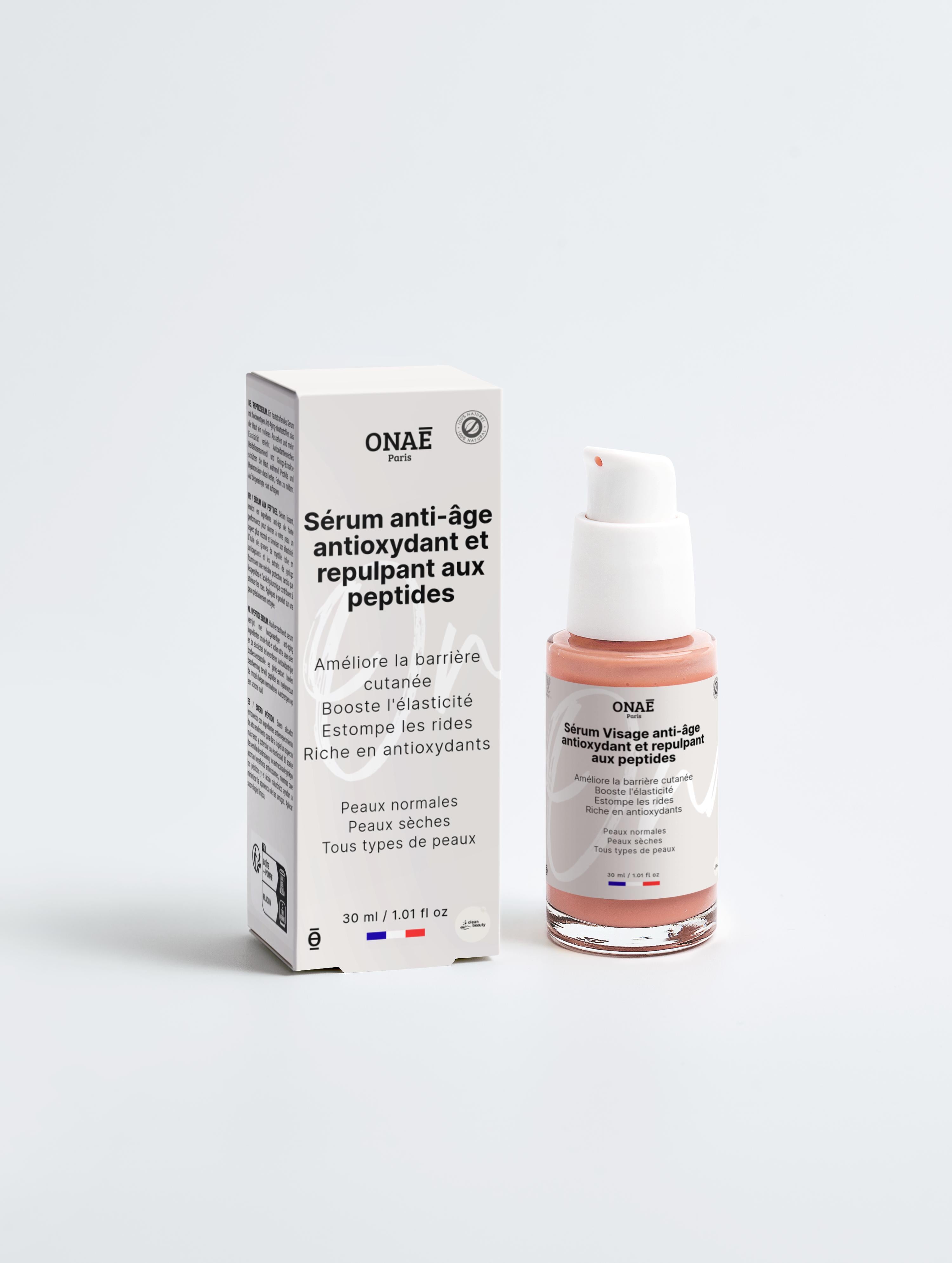 Sérum pour le visage anti-âge antioxydant et repulpant aux peptides Onaé paris tous types de peaux - boîte et flacon vue de face