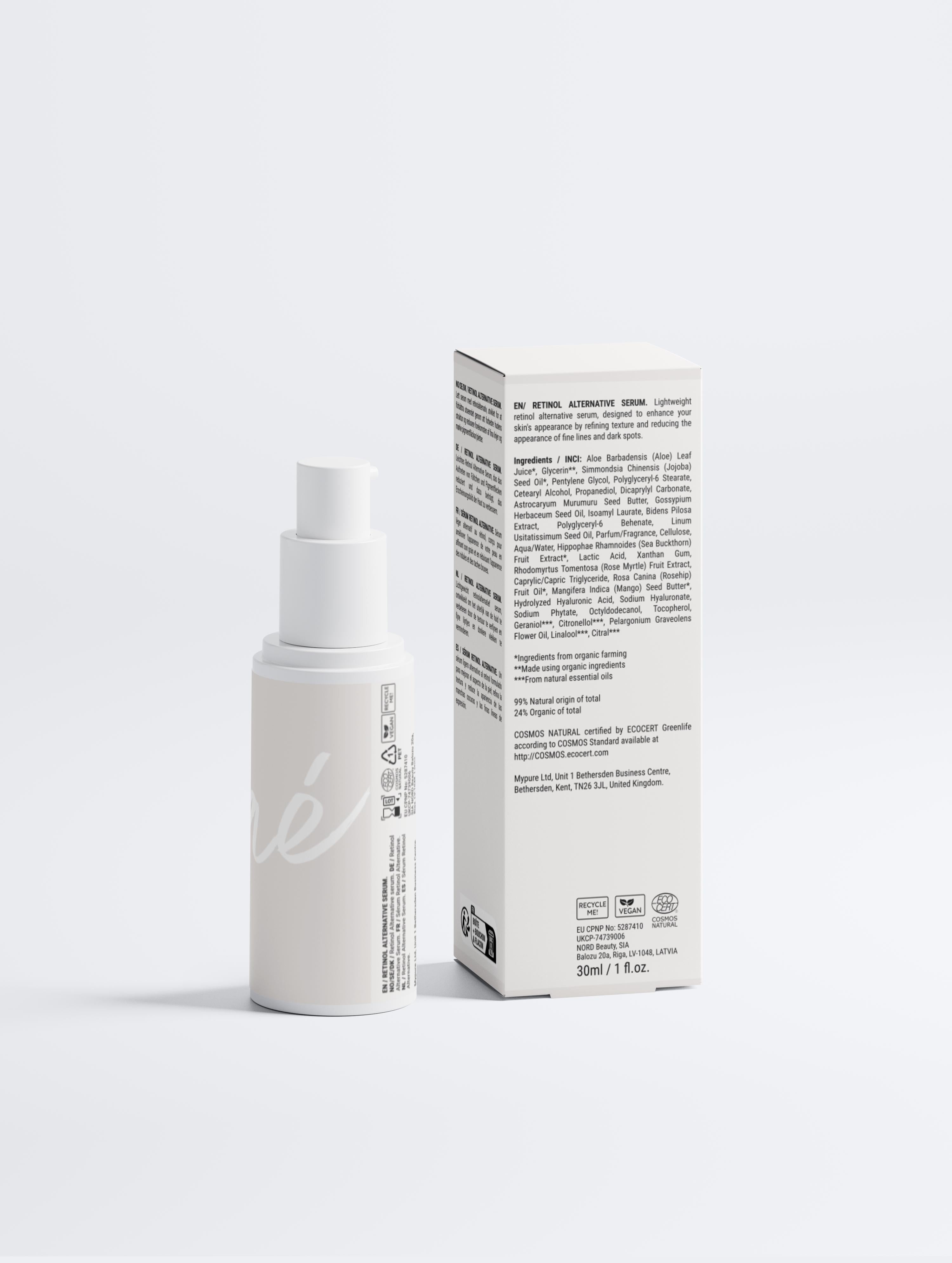 Sérum pour le visage hydratant et antioxydant alternatif au rétinol Onaé paris tous types de peaux - boîte et flacon vue de dos