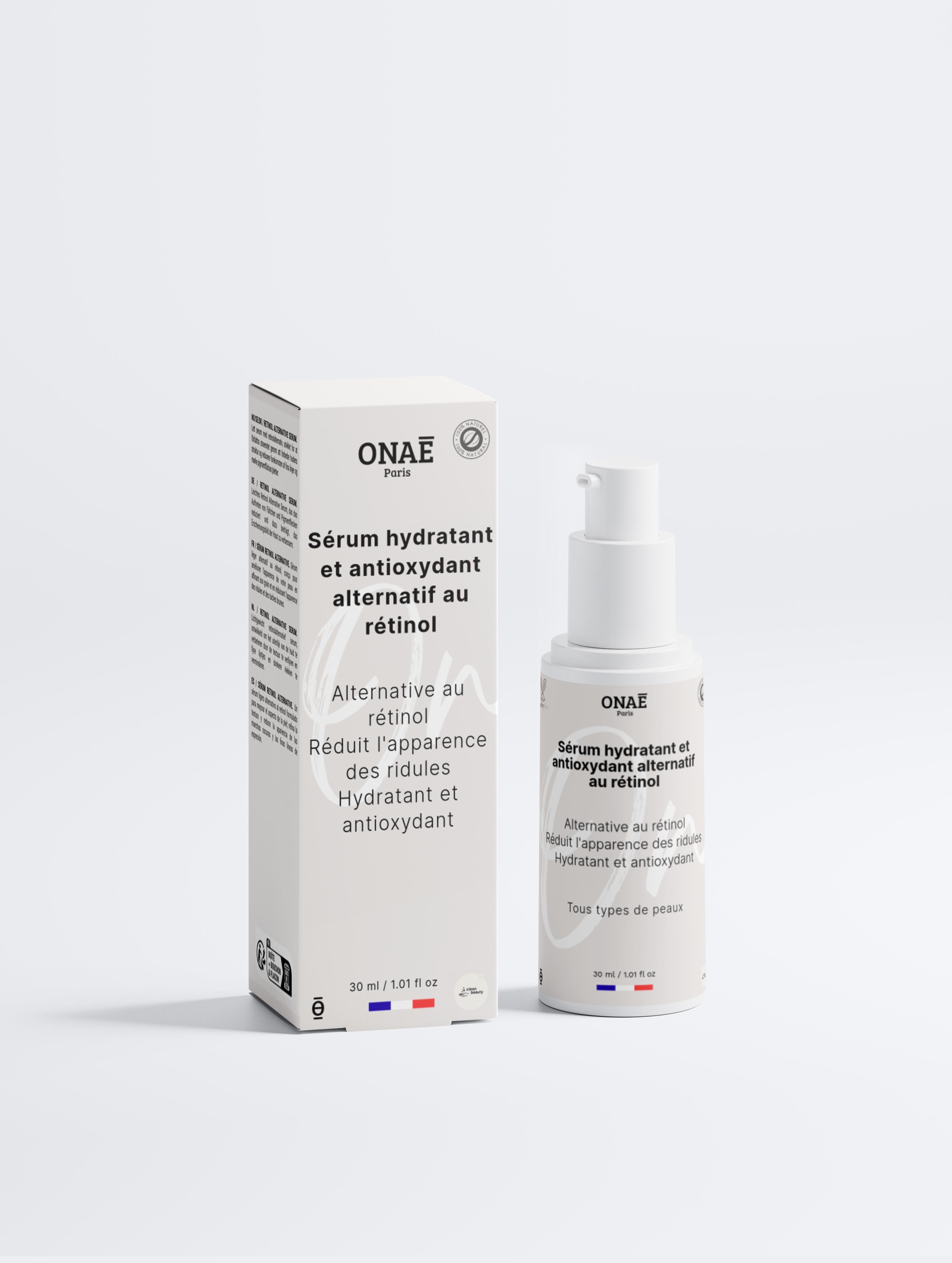 Sérum pour le visage hydratant et antioxydant alternatif au rétinol Onaé paris tous types de peaux - boîte et flacon vue de face
