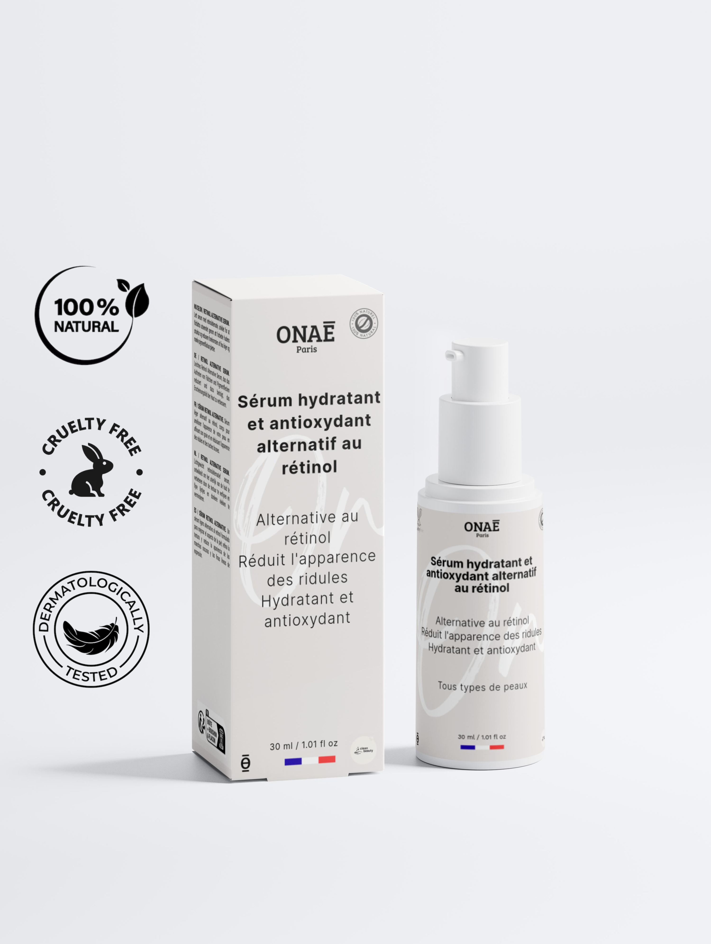 Sérum pour le visage hydratant et antioxydant alternatif au rétinol Onaé paris tous types de peaux - vue principale