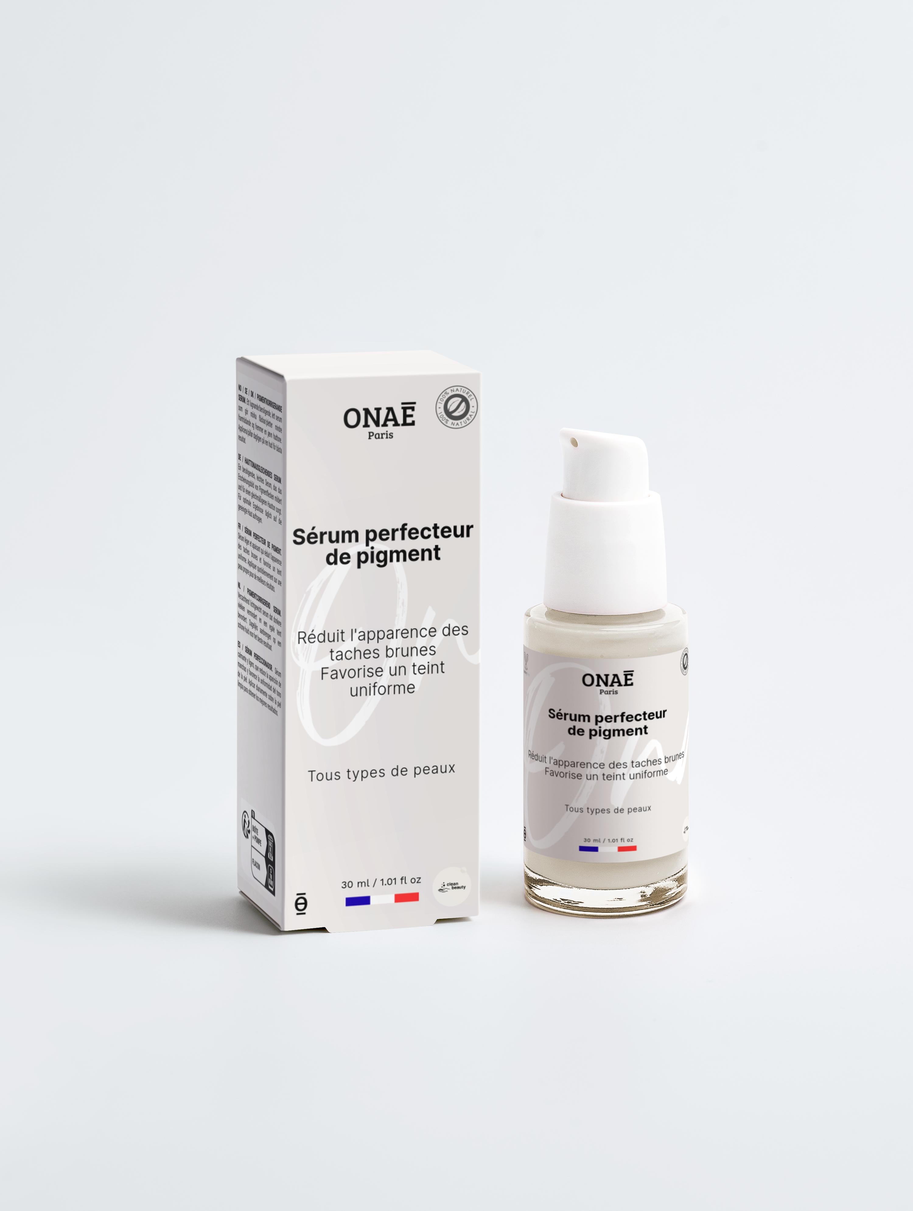 Sérum pour le visage perfecteur de teint et pigment Onaé paris - boite et flacon