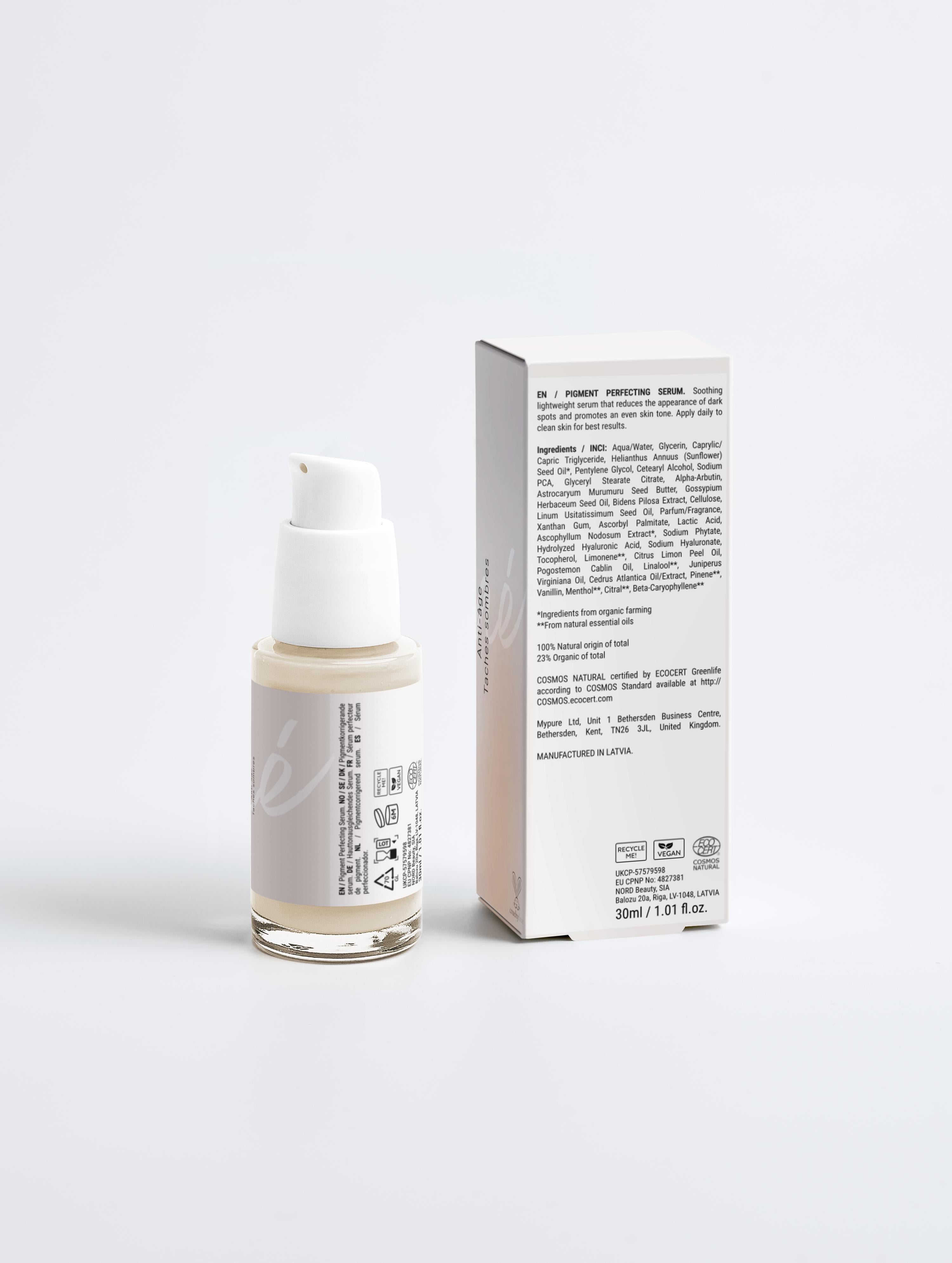 Sérum pour le visage perfecteur de teint et pigment Onaé paris - boîte et flacon vue de face