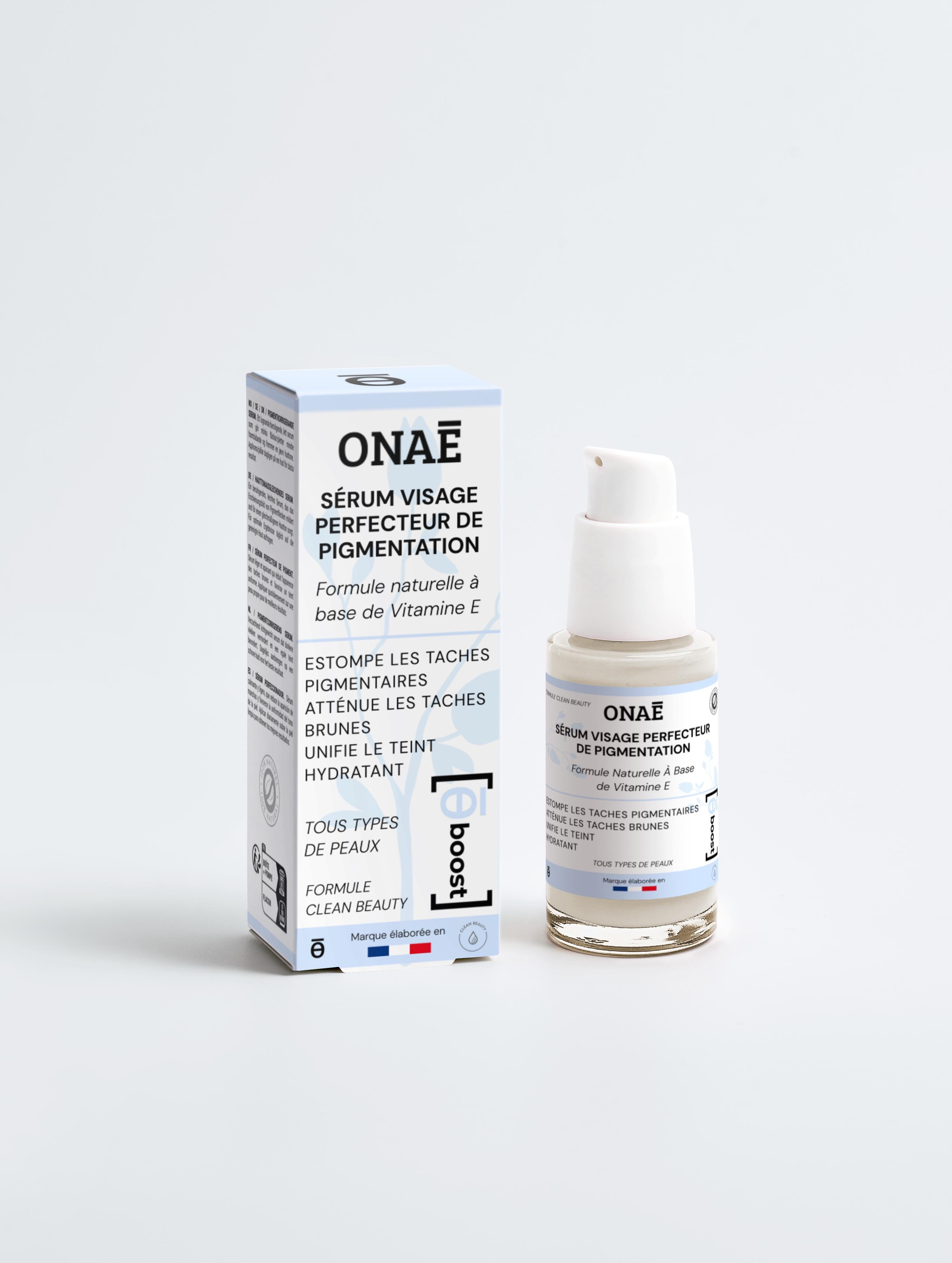 Sérum pour le visage perfecteur de pigmentation Onaé Paris tous types de peaux - boîte et flacon vue de face