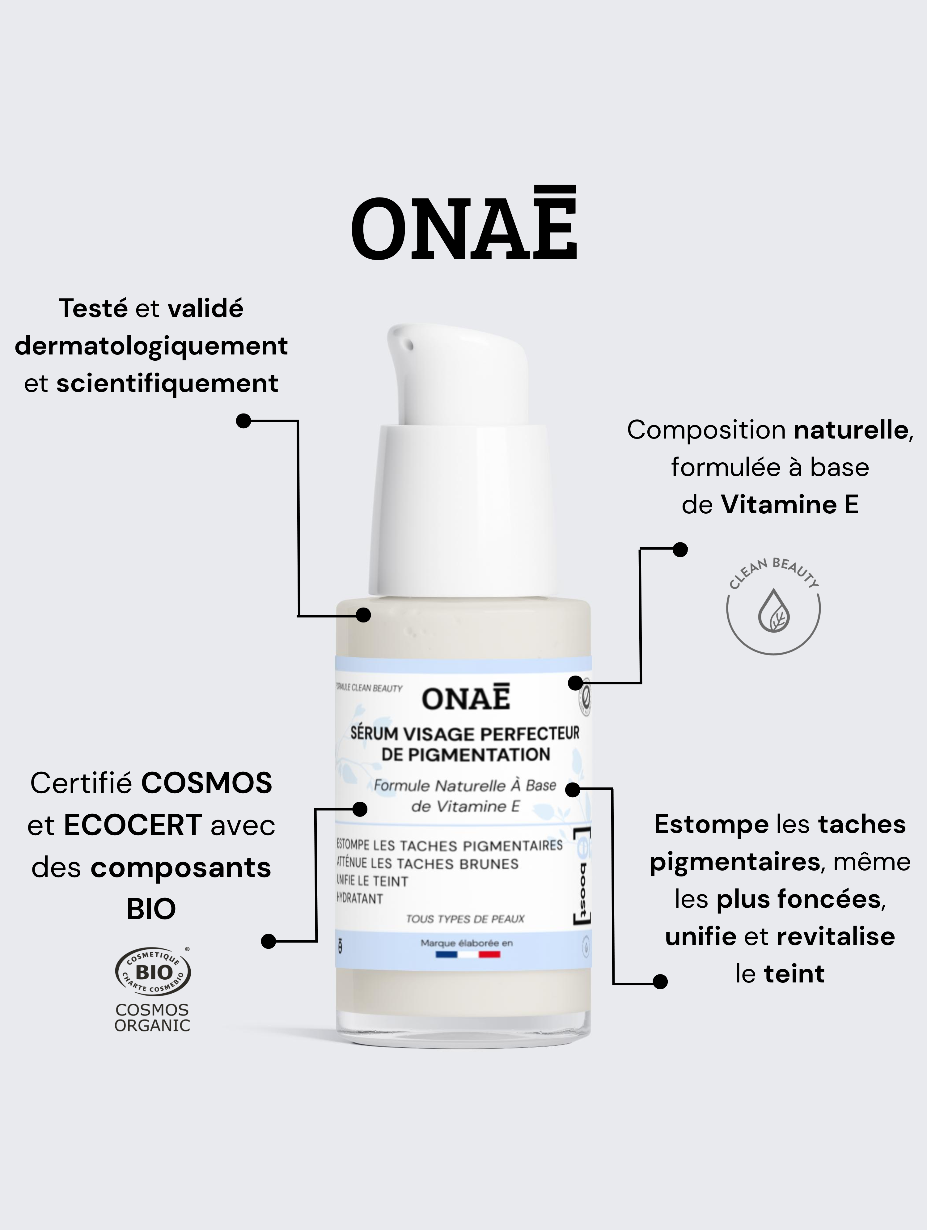 Sérum pour le visage perfecteur de pigmentation Onaé Paris tous types de peaux - caractéristiques du produit