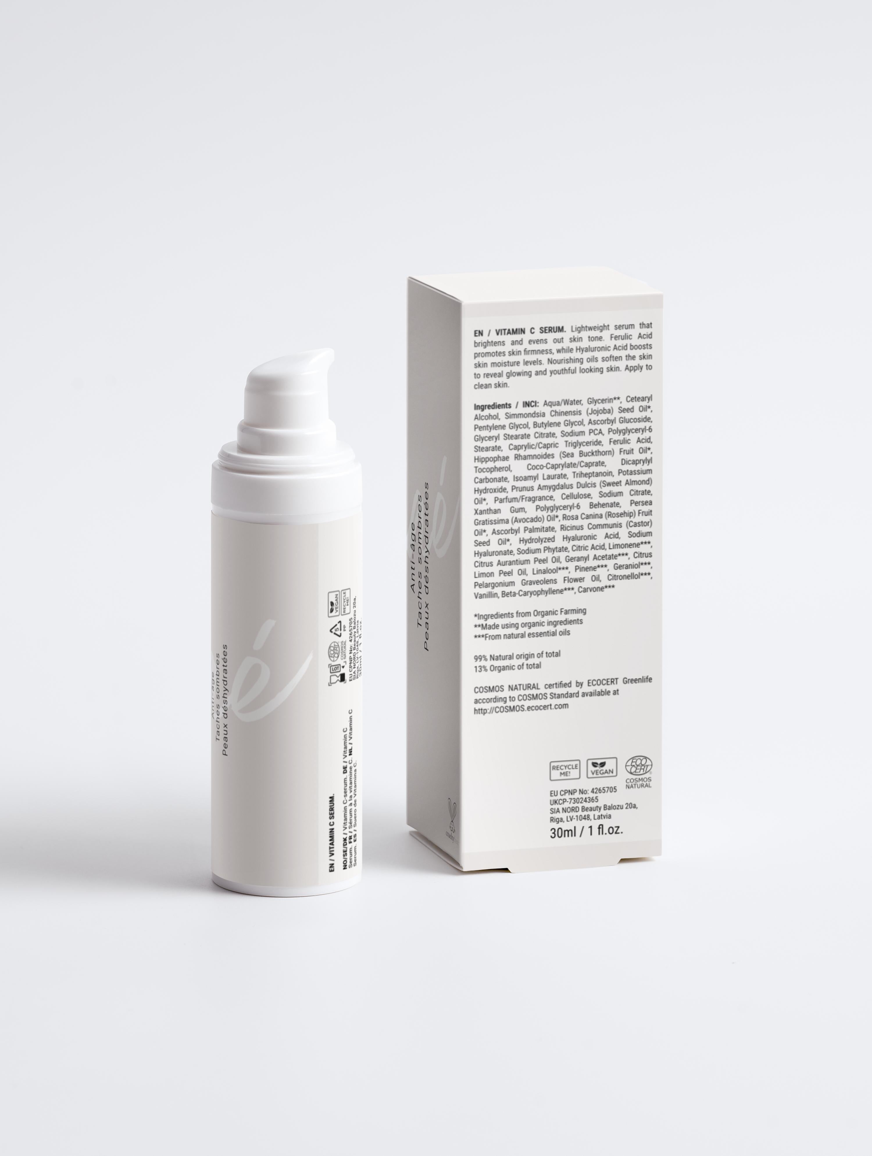 Sérum pour le visage anti-âge à la vitamine C Onaé paris tous types de peaux - boîte et flacon vue de dos