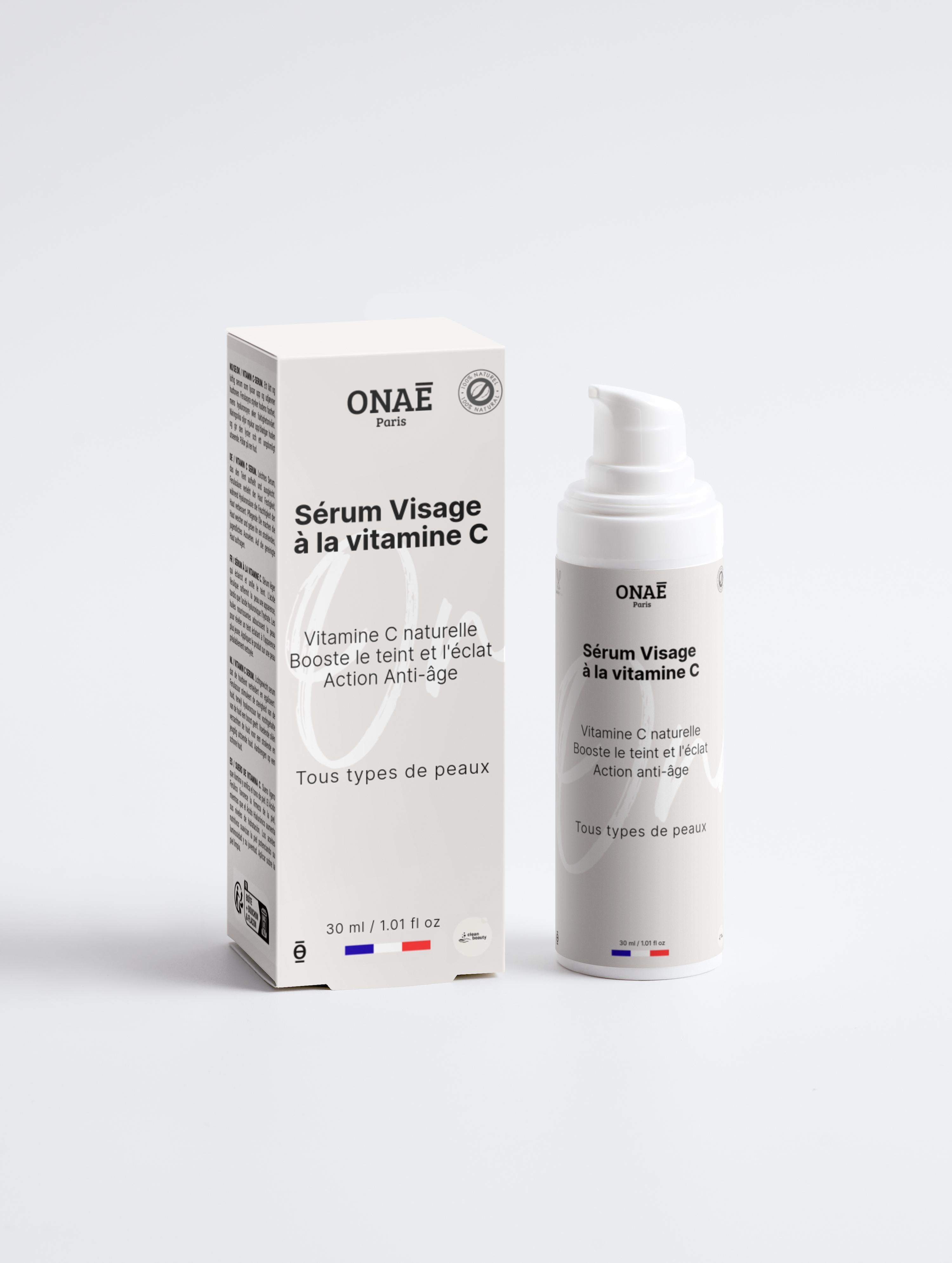 Sérum pour le visage anti-âge à la vitamine C Onaé paris tous types de peaux - boîte et flacon vue de face