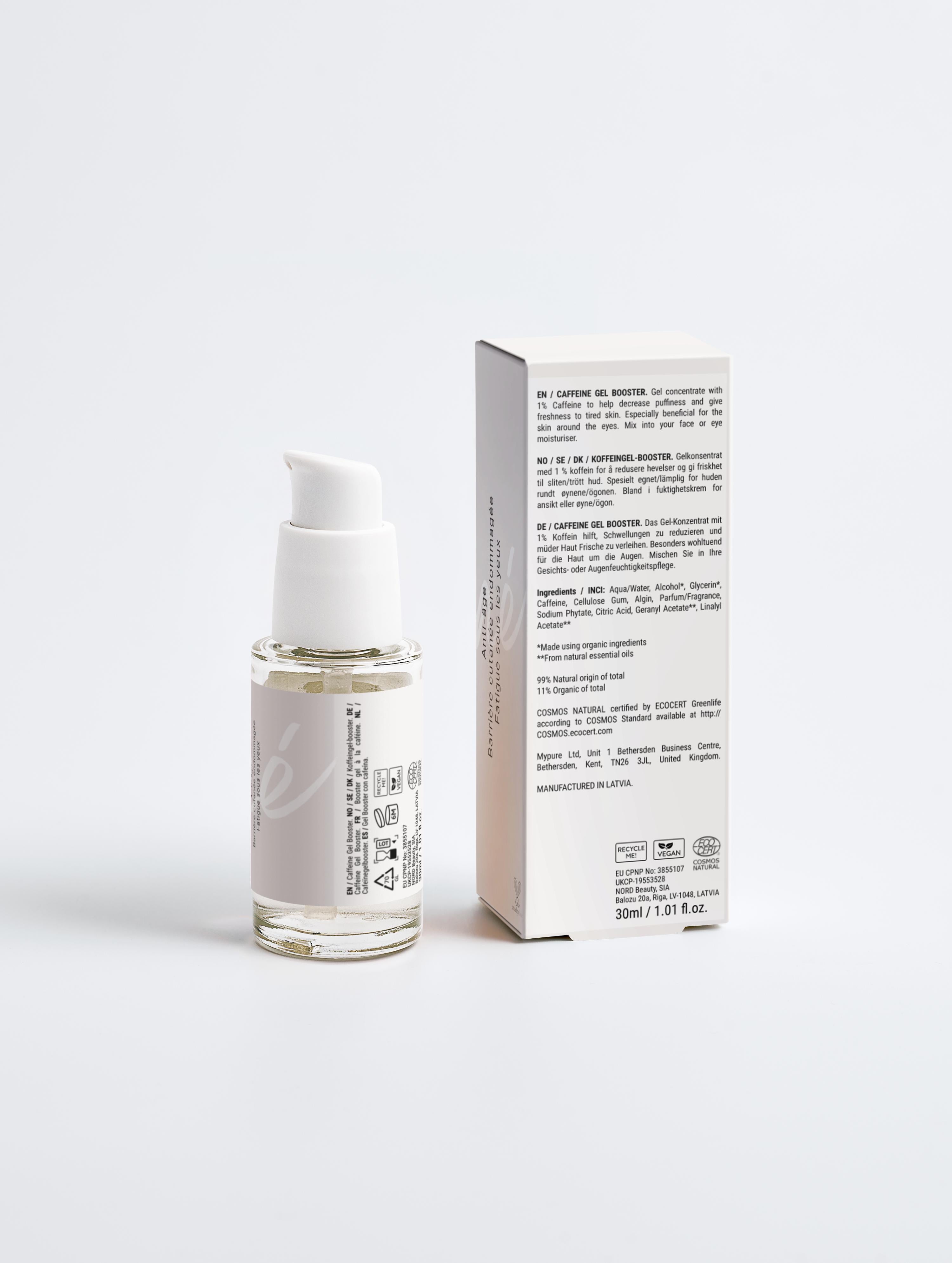 Gel booster pour le visage et les yeux à la caféine Onaé paris tous types de peaux - boîte et flacon vue de dos