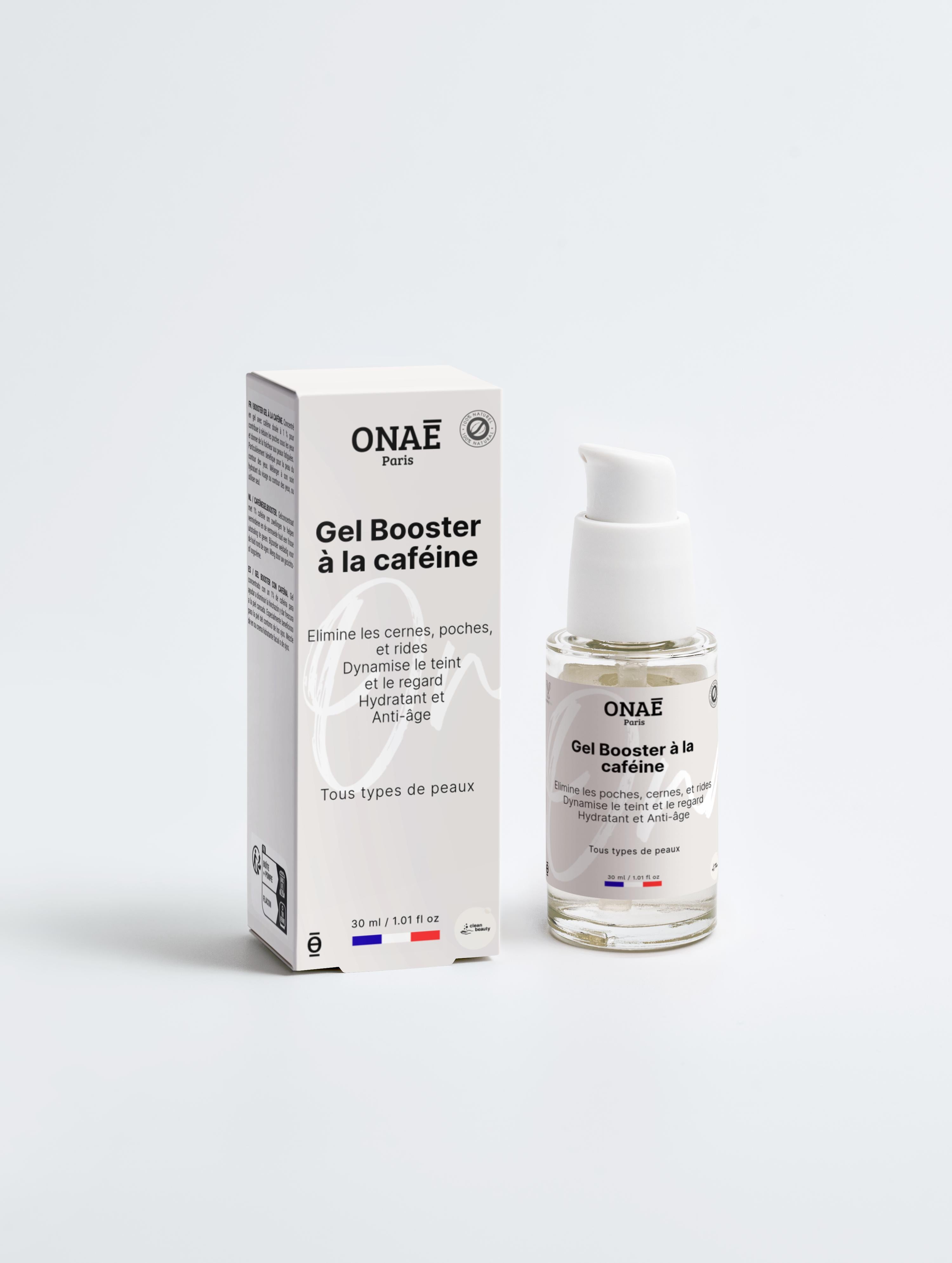 Gel booster pour le visage et les yeux à la caféine Onaé paris tous types de peaux - Boîte et flacon vue de face