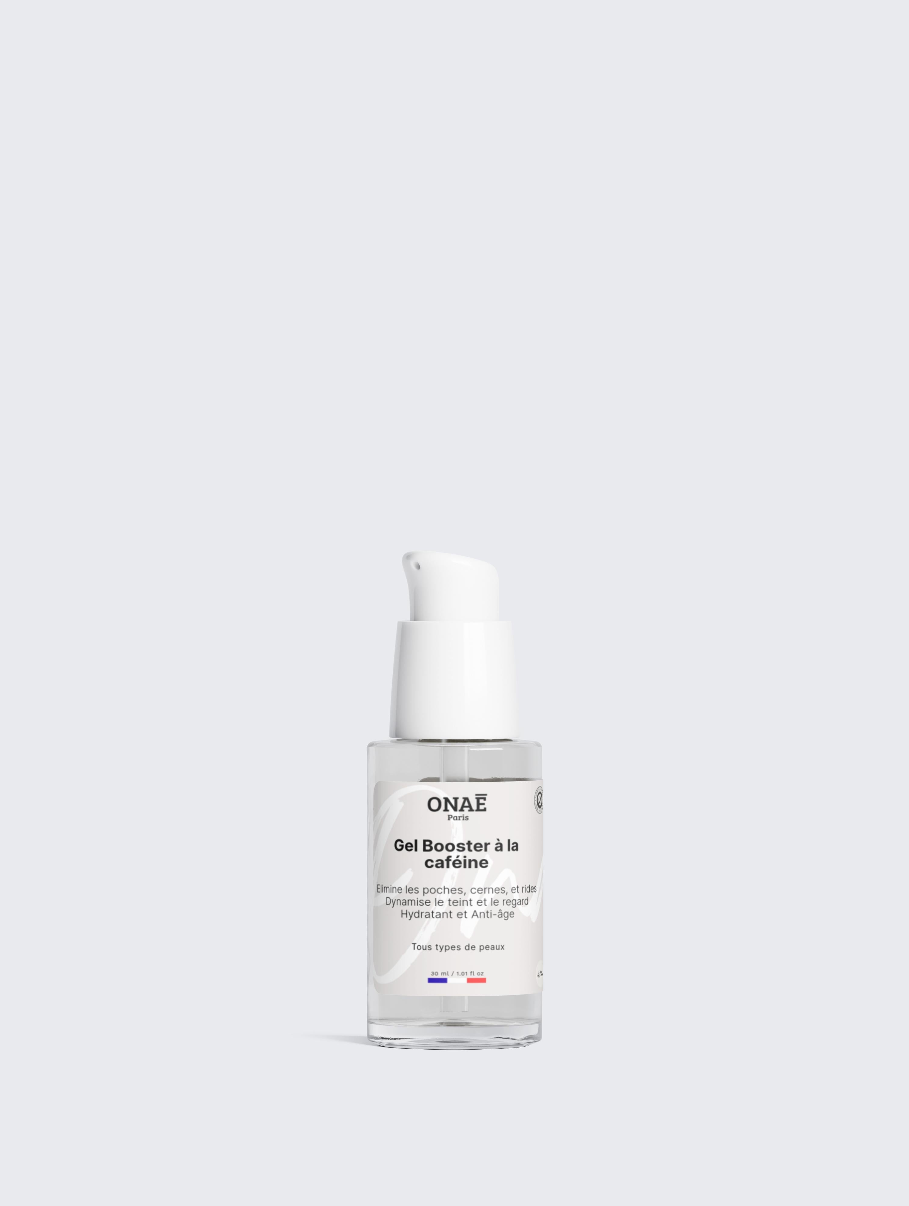 Gel booster pour le visage et les yeux à la caféine Onaé paris tous types de peaux - flacon vue de face