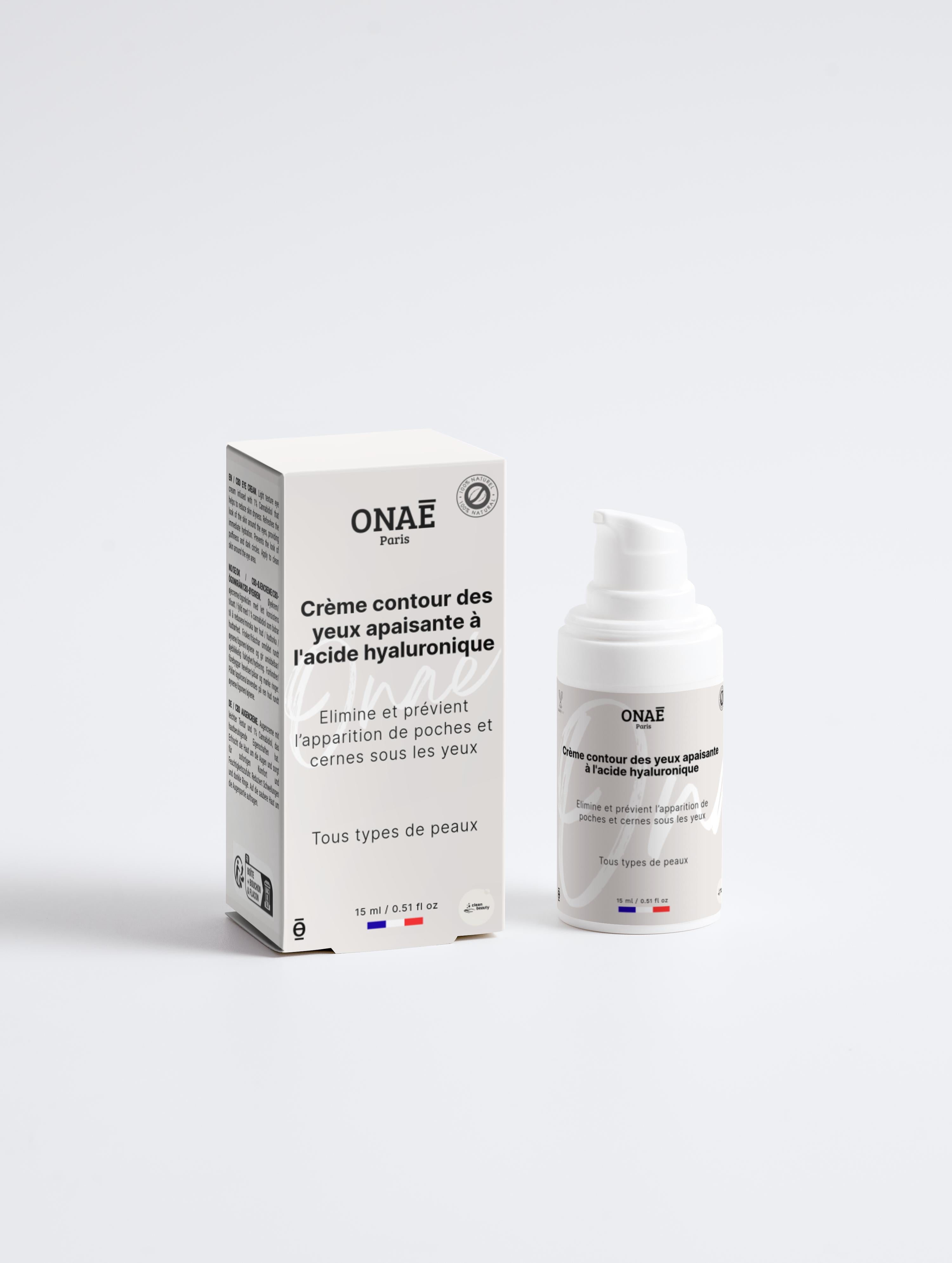 Crème pour le contour des yeux apaisante à l'acide hyaluronique Onaé paris tous types de peaux - boîte et flacon vue de face