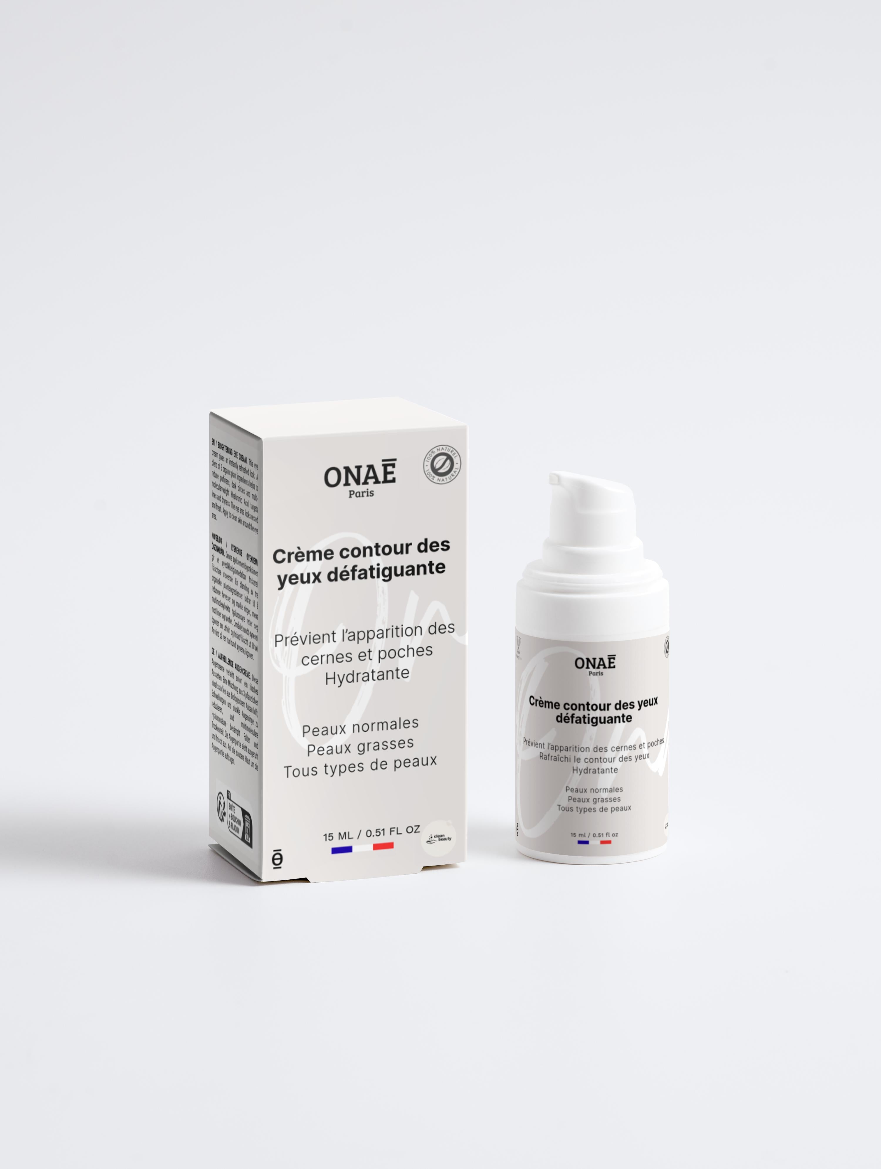 Crème pour le contour des yeux défatiguante Onaé paris tous types de peaux - boîte et flacon vue de face