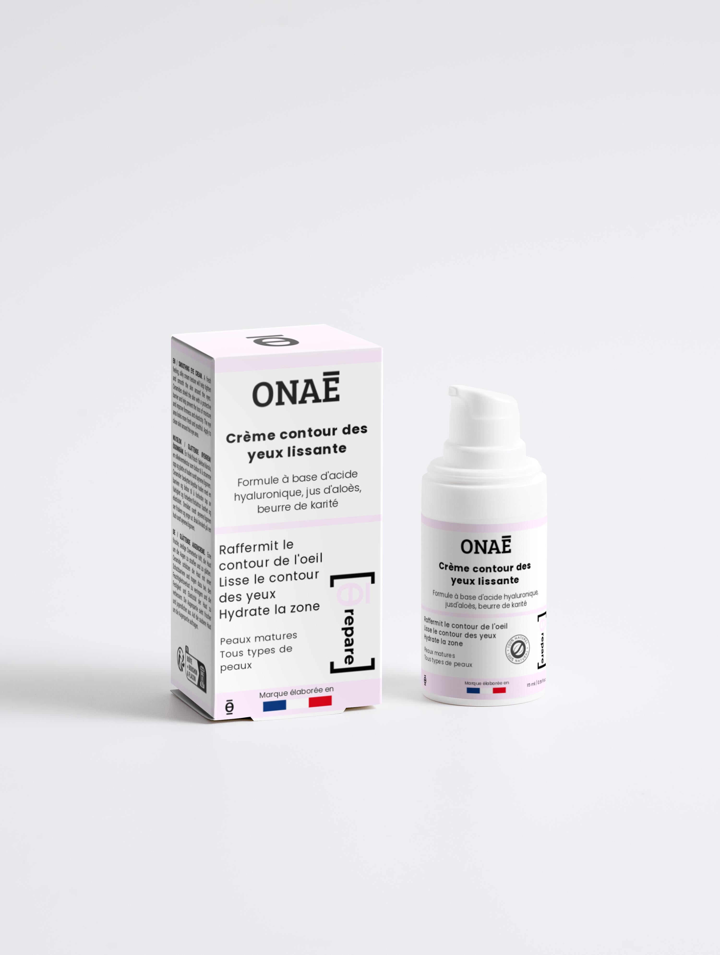 Crème contour des yeux lissante Onaé Paris tous types de peaux - boîte et flacon vue de face