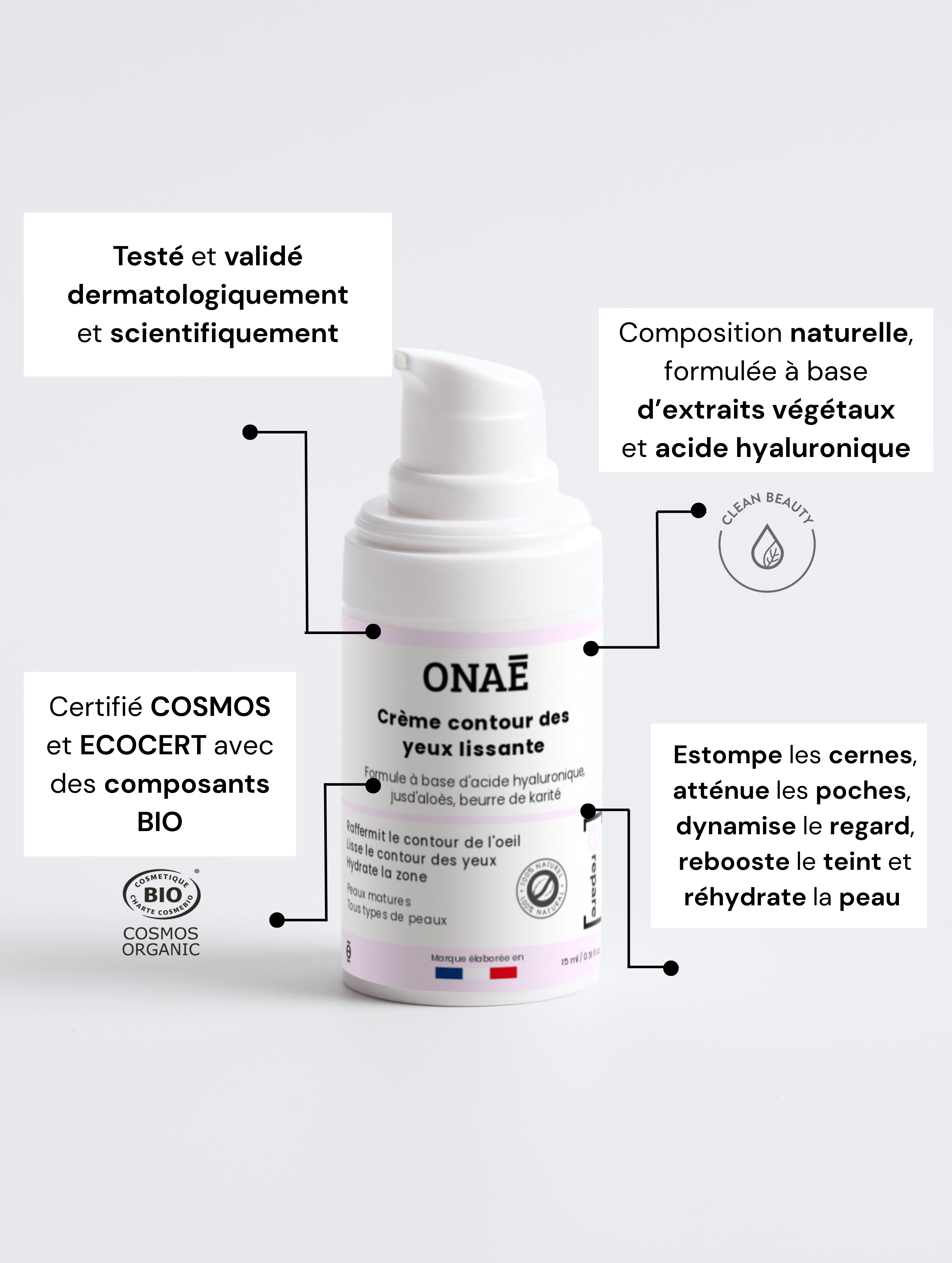 Crème contour des yeux lissante Onaé Paris tous types de peaux - caractéristiques du produit