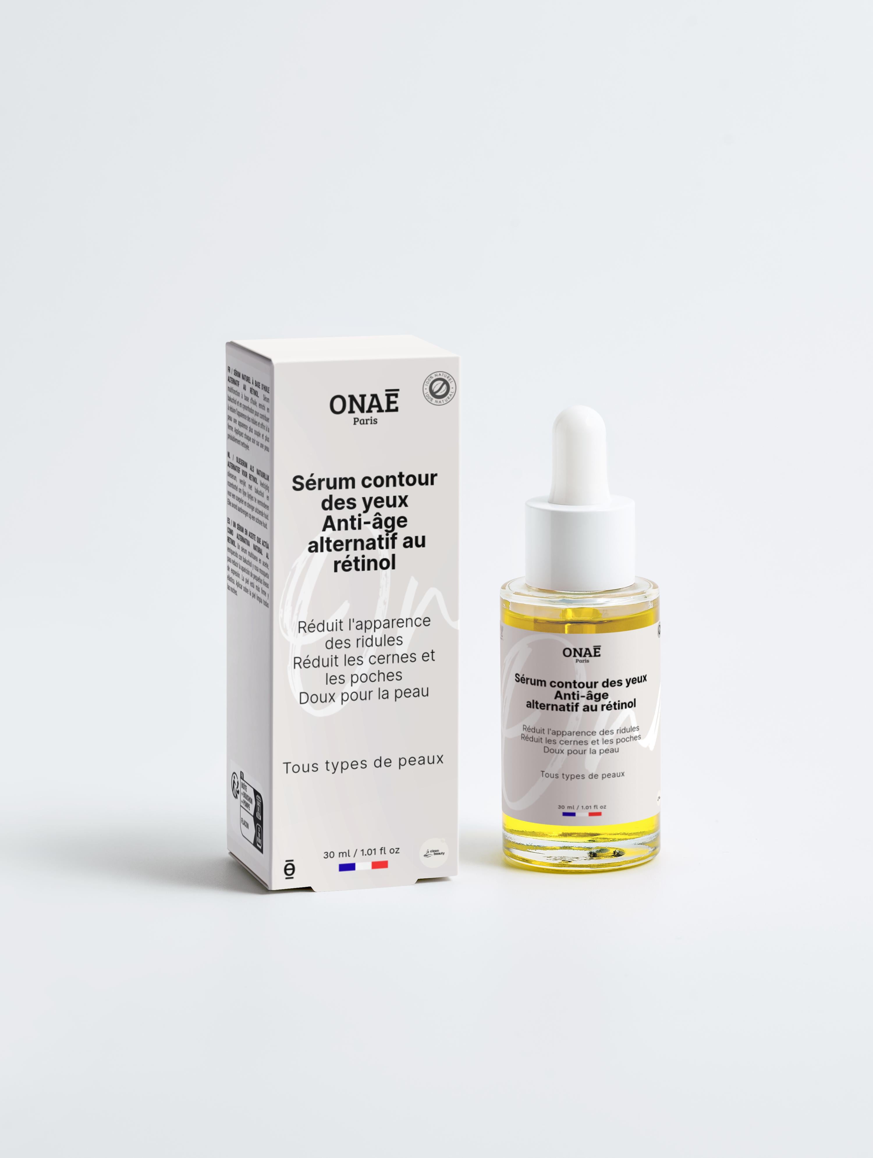 Sérum contour des yeux anti-âge alternatif au rétinol Onaé paris tous types de peaux - boîte et flacon vue de face