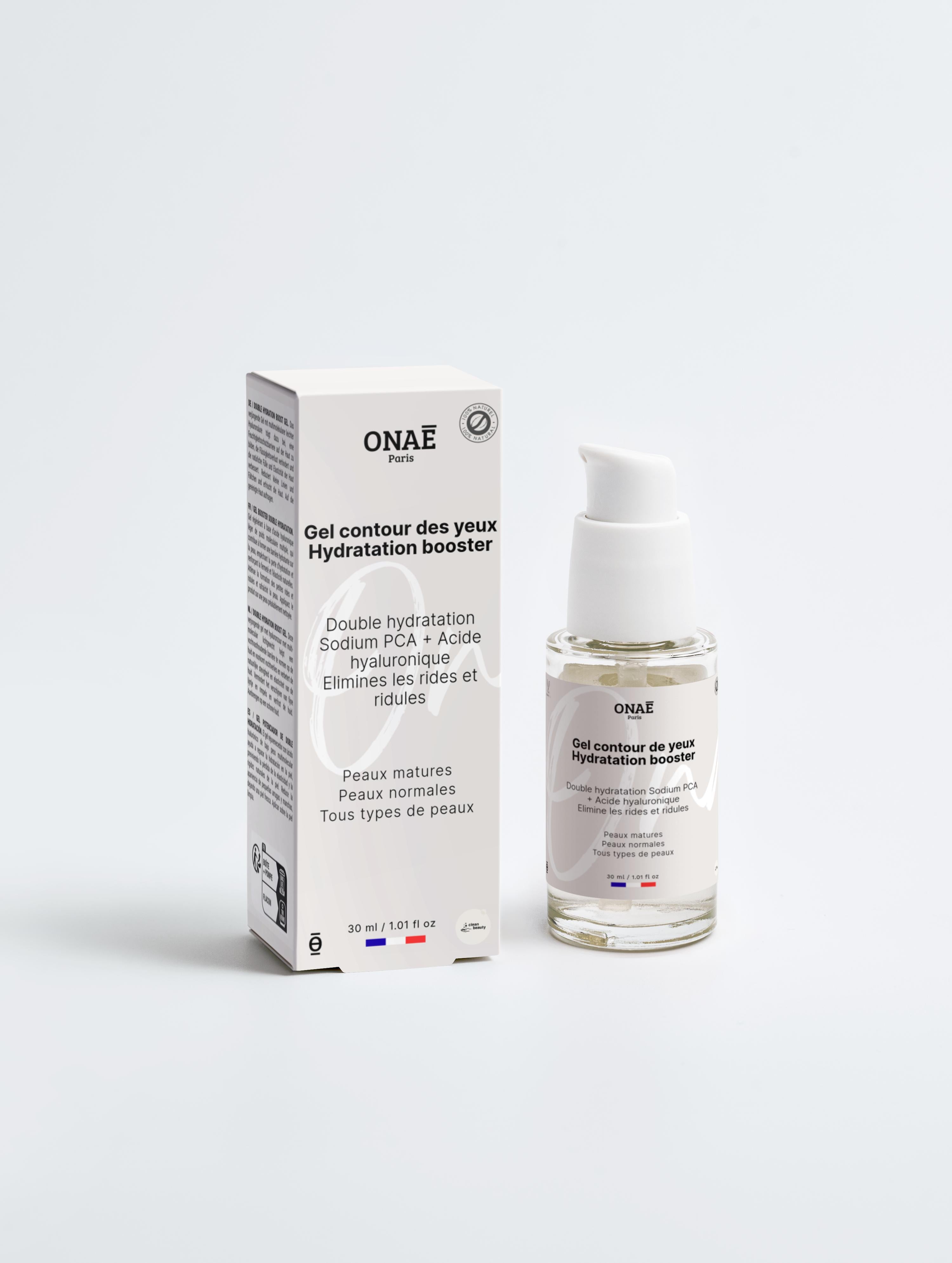 Gel pour le contour des yeux Anti-âge booster hydratant Onaé paris tous types de peaux - boîte et flacon vue de face