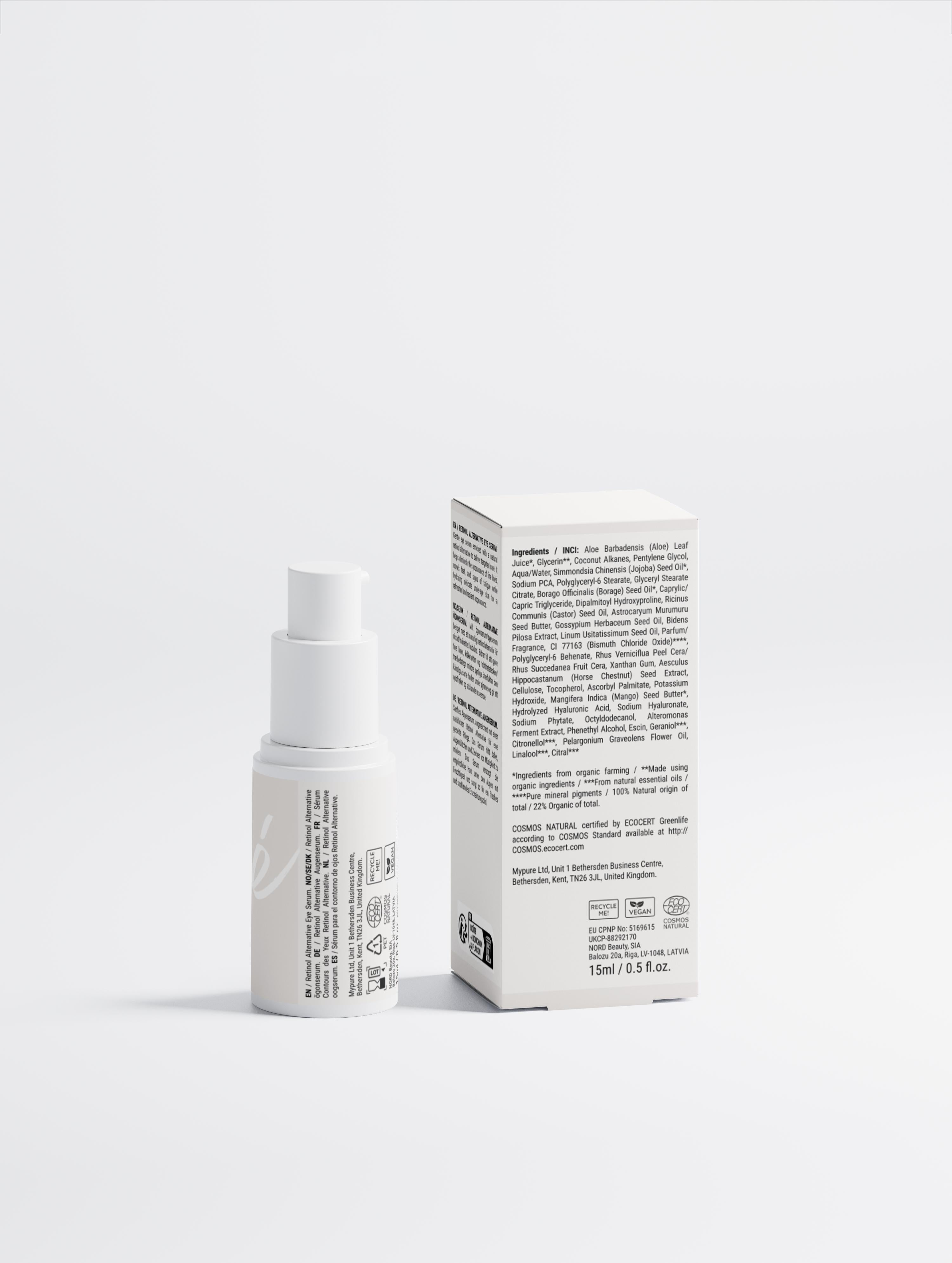 Sérum pour le contour des yeux anti-âge alternatif au rétinol Onaé paris tous types de peaux - boîte et flacon vue de dos