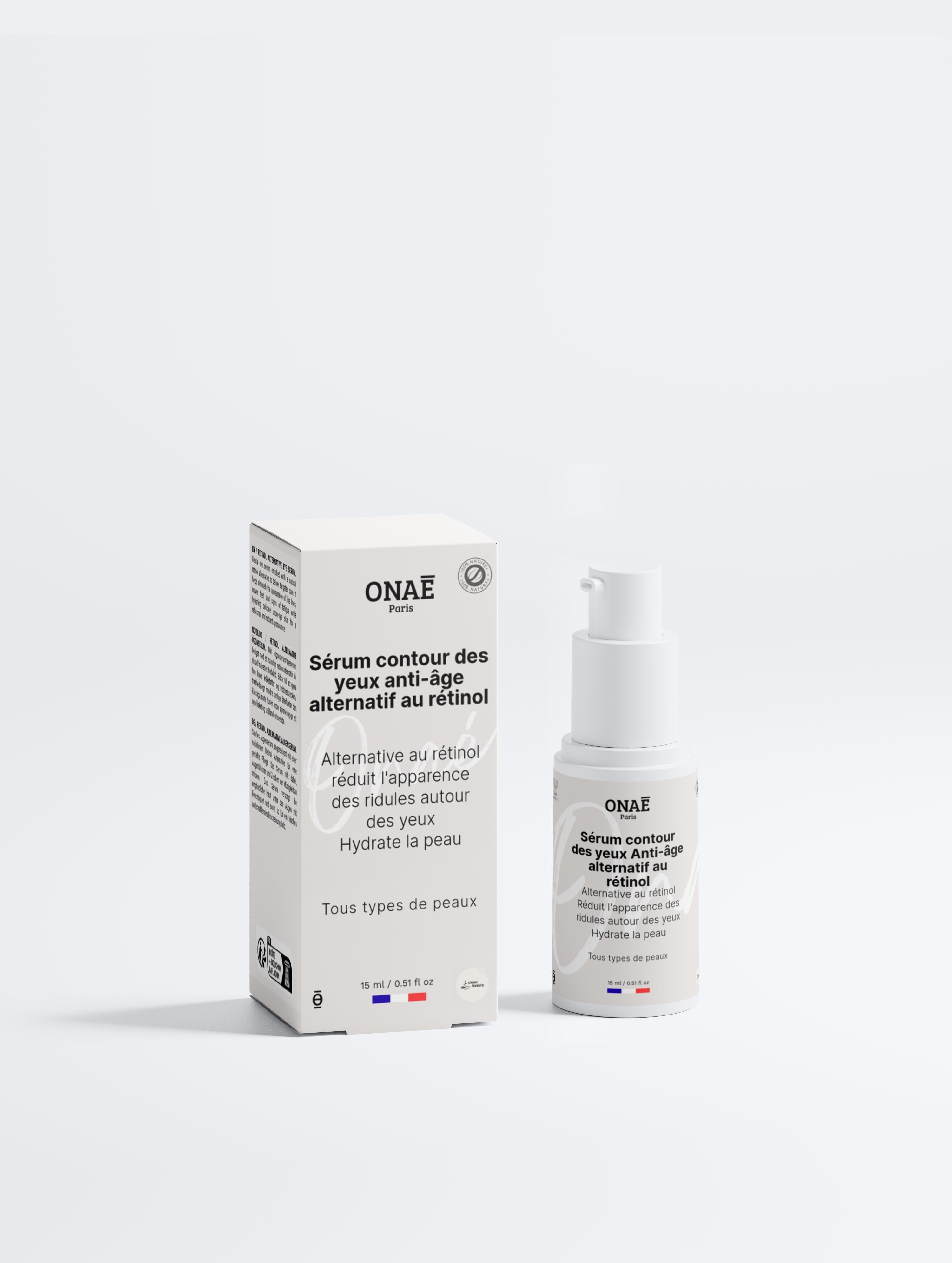 Sérum pour le contour des yeux anti-âge alternatif au rétinol Onaé paris tous types de peaux - boîte et flacon vue de face