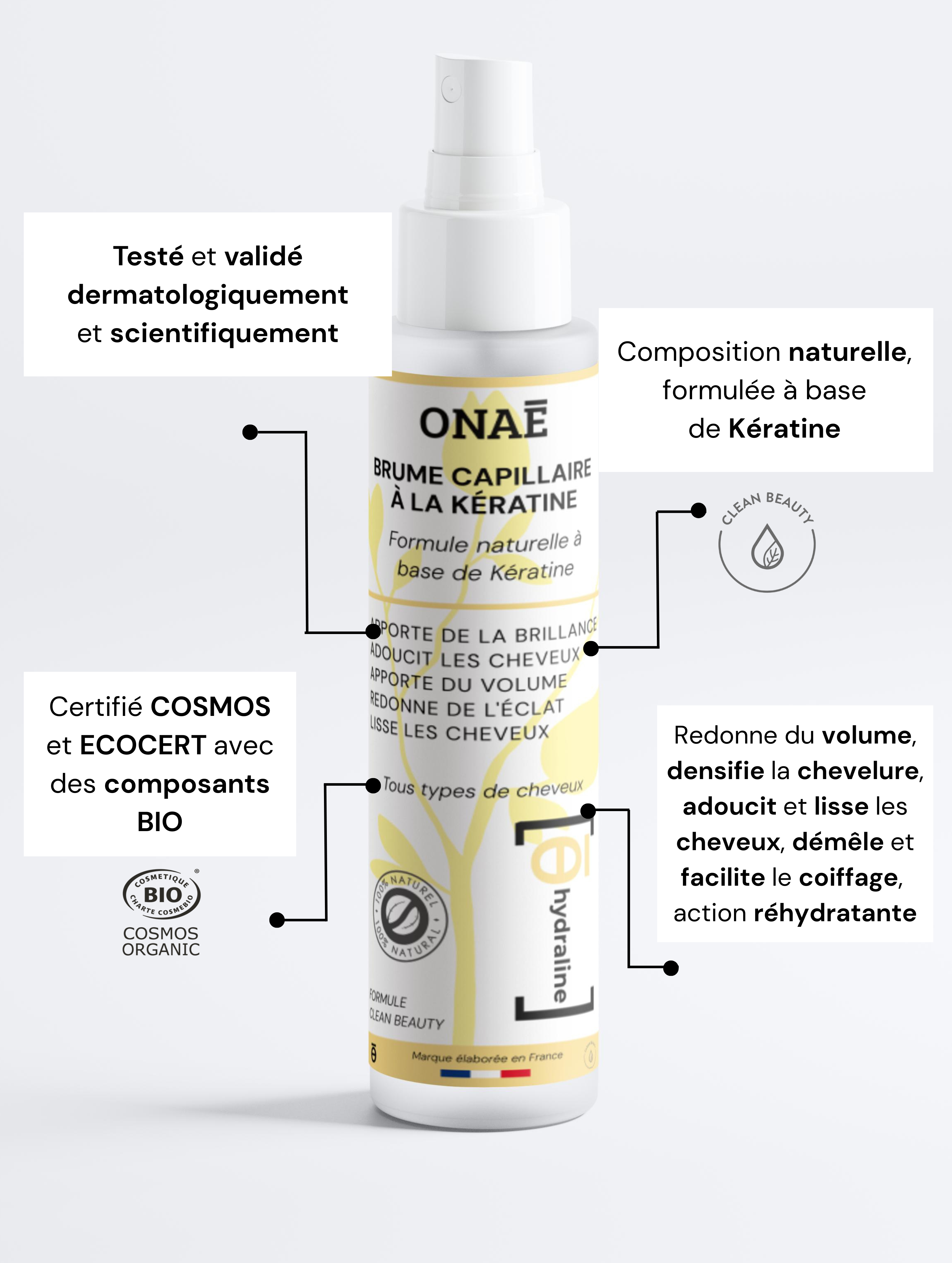 Brume capillaire à la Kératine Onaé Paris tous types de cheveux - caractéristiques du produit