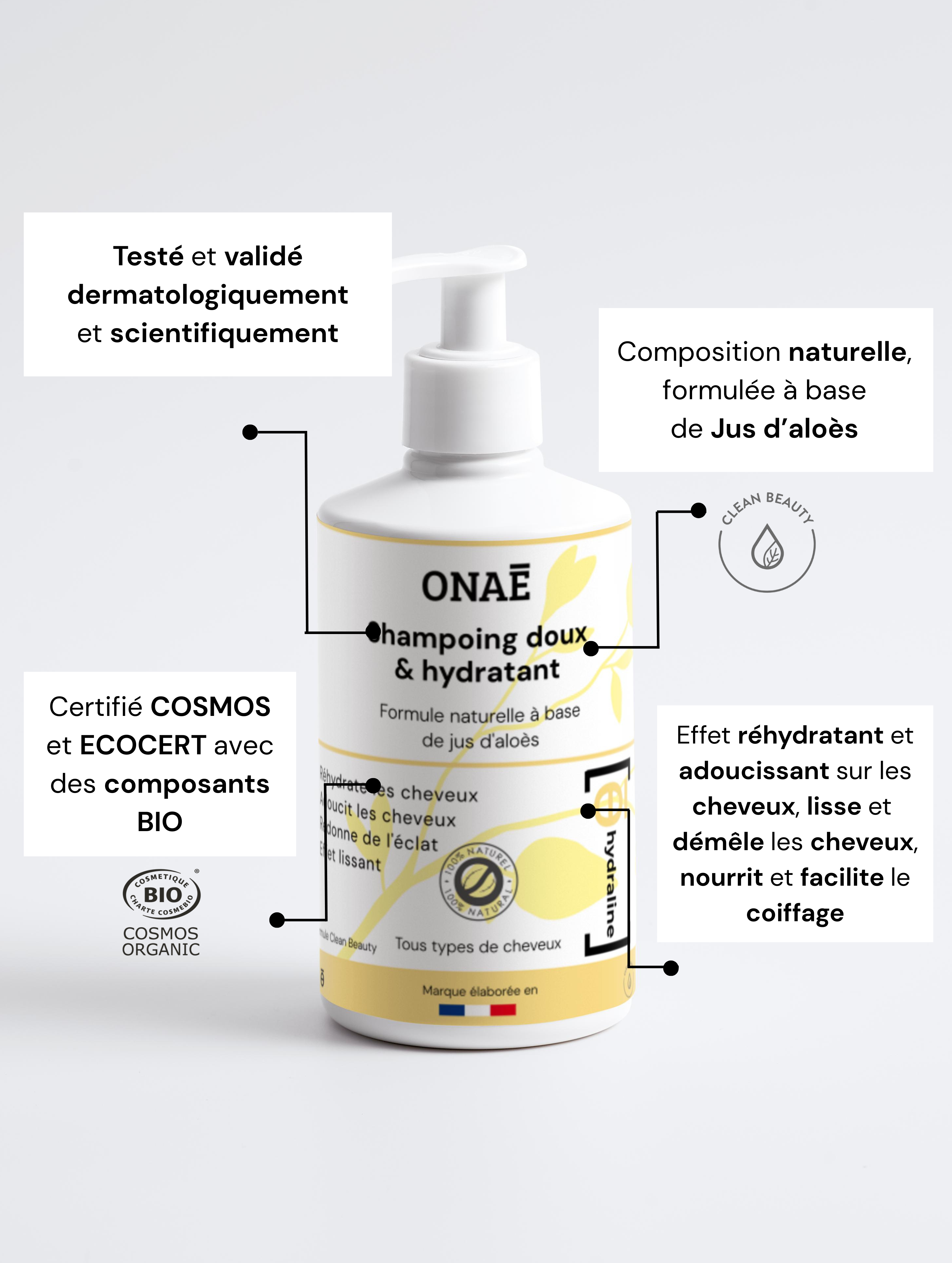 Shampoing hydratant  cheveux doux Onaé Paris tous types de cheveux - caractéristiques du produit