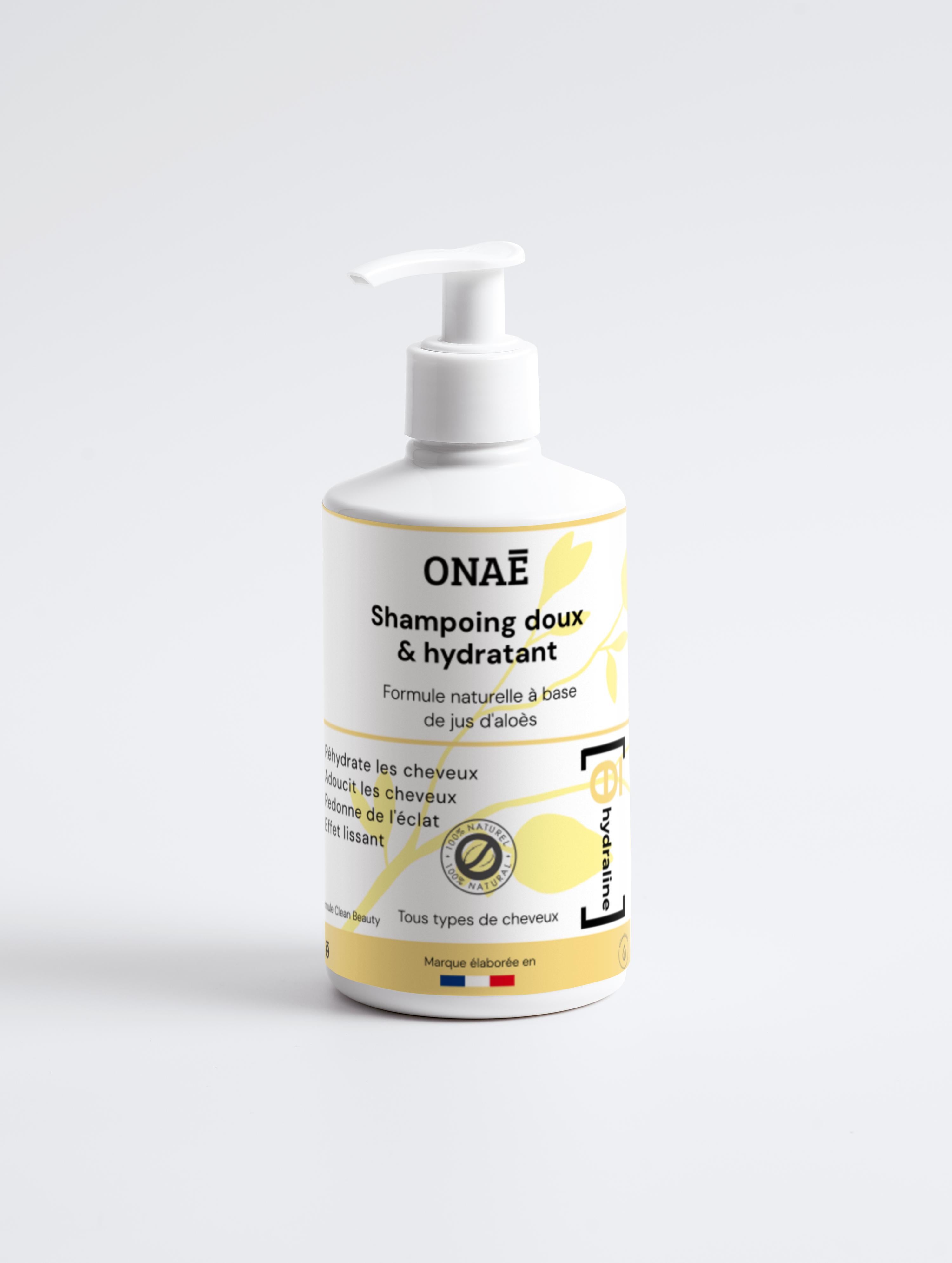 Shampoing hydratant  cheveux doux Onaé Paris tous types de cheveux - flacon vue de face