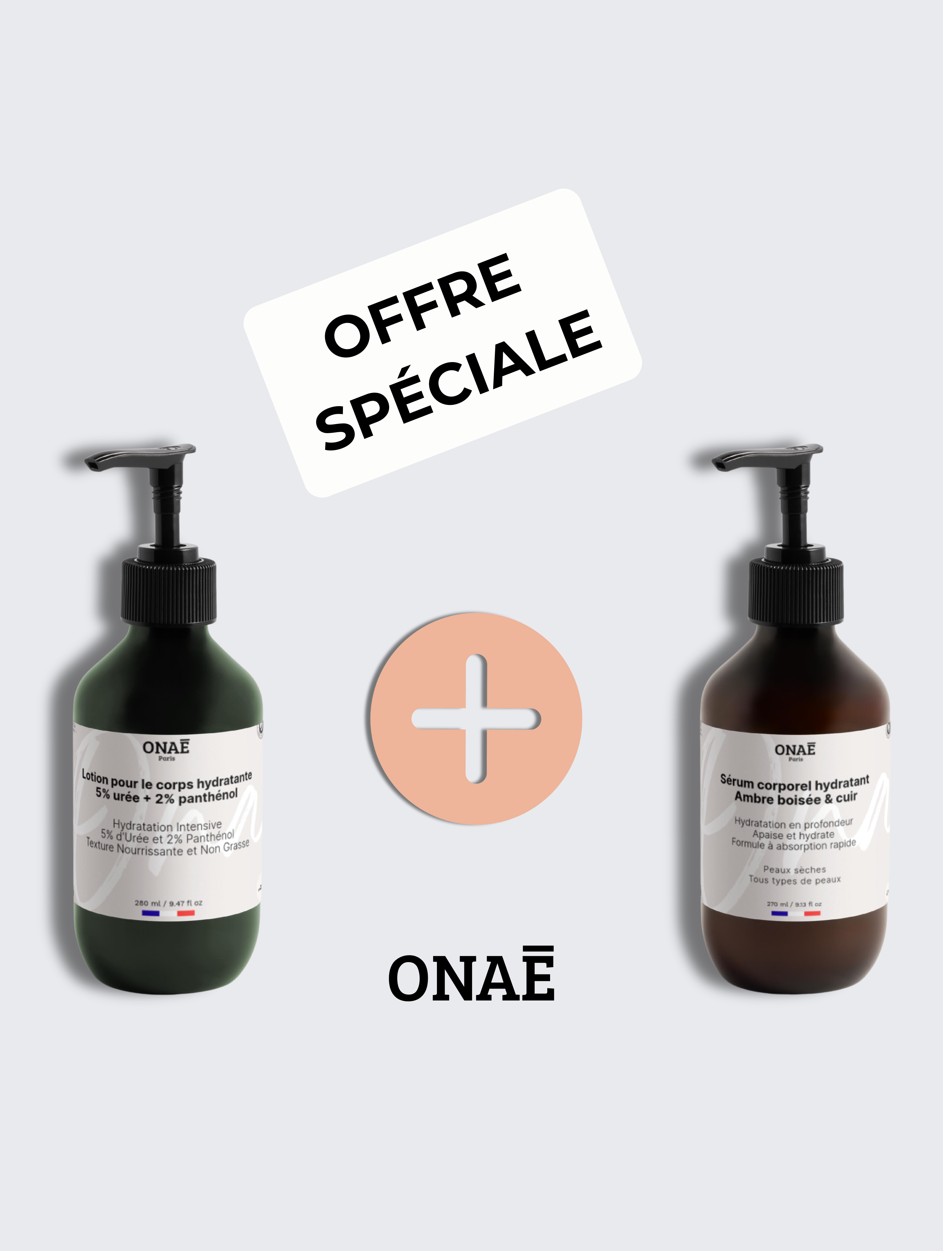 Lotion pour le corps hydratante à l'urée et panthénol et Sérum corporel hydratant ambre boisée et cuir Onaé paris tous types de peaux - vue principale