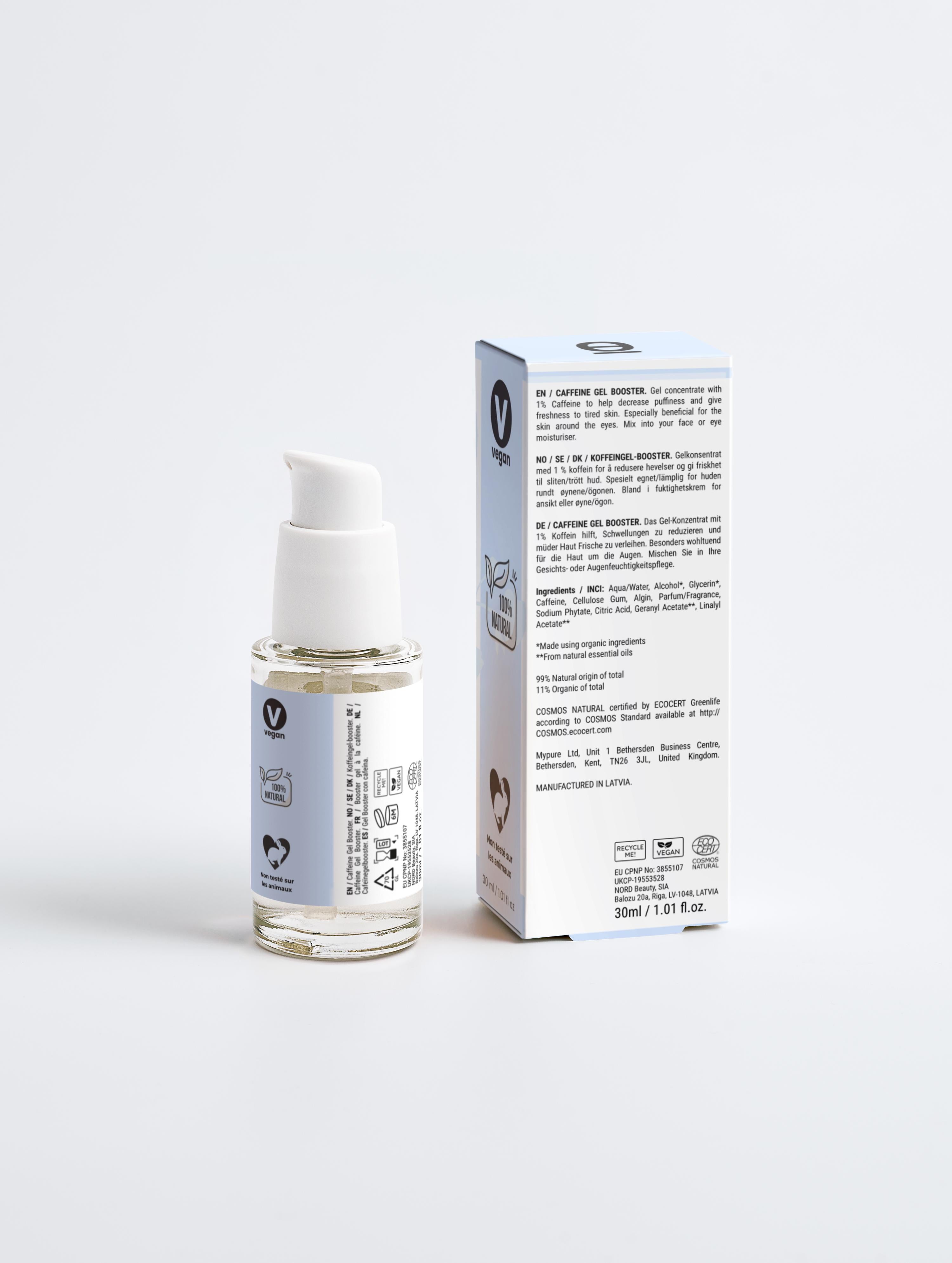 Sérum visage et yeux booster à la caféine Onaé Paris tous types de cheveux - boîte et flacon vue de dos