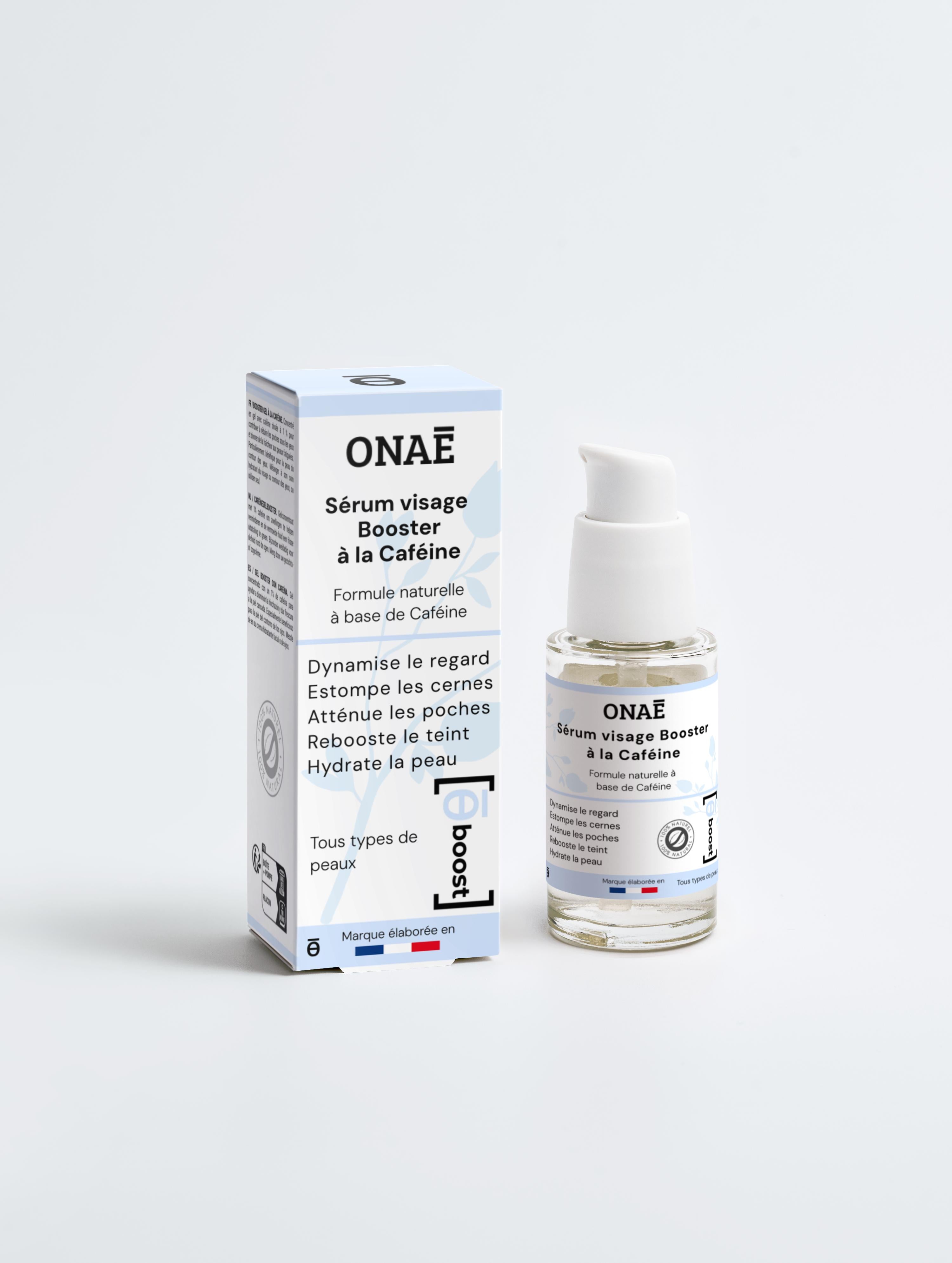 Sérum visage et yeux booster à la caféine Onaé Paris tous types de cheveux - boîte et flacon vue de face
